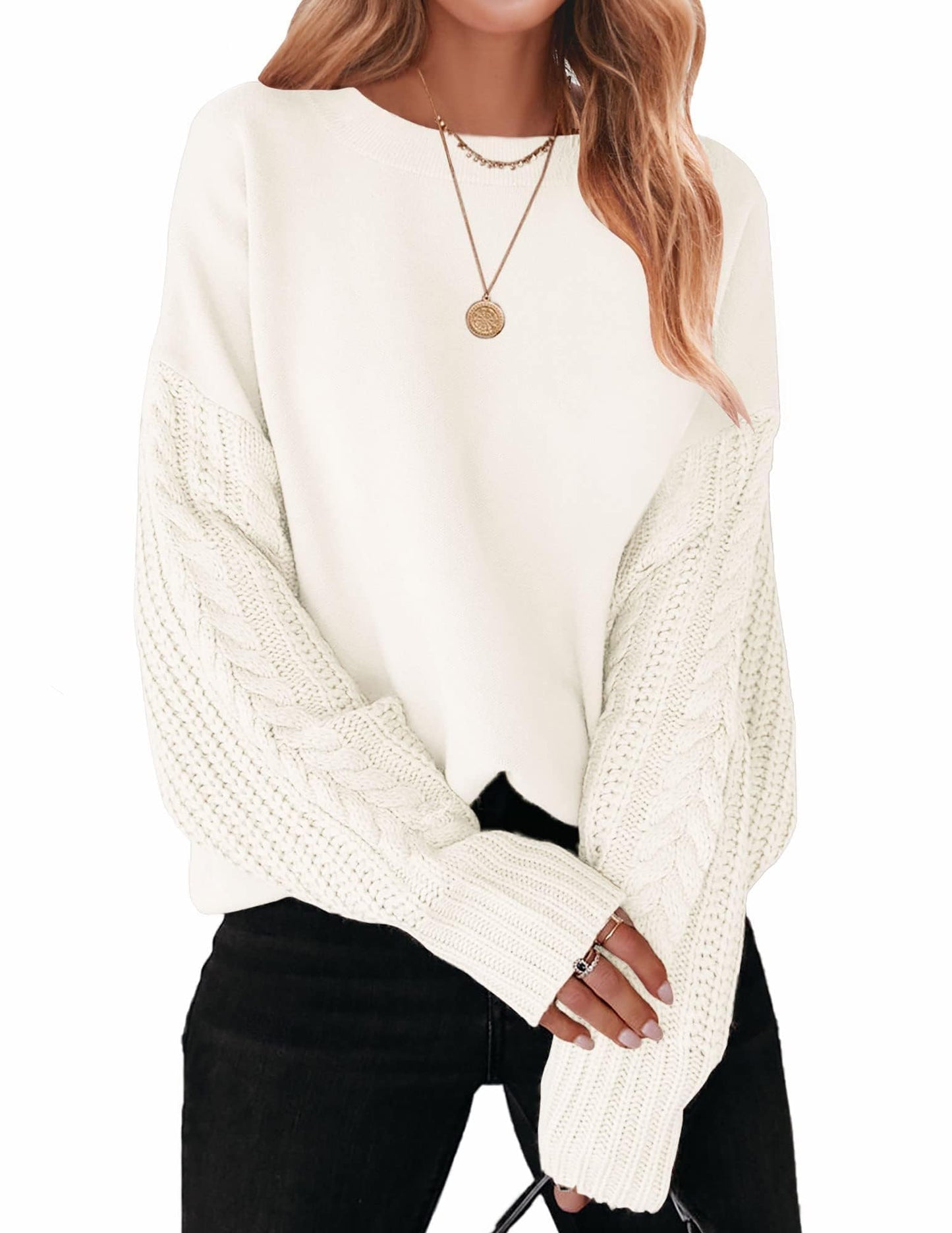 ZESICA Women's Fall Long Sleeve Crew Neck Solid Color Cable Knit Chunky Casual Oversized Pullover Sweater Tops