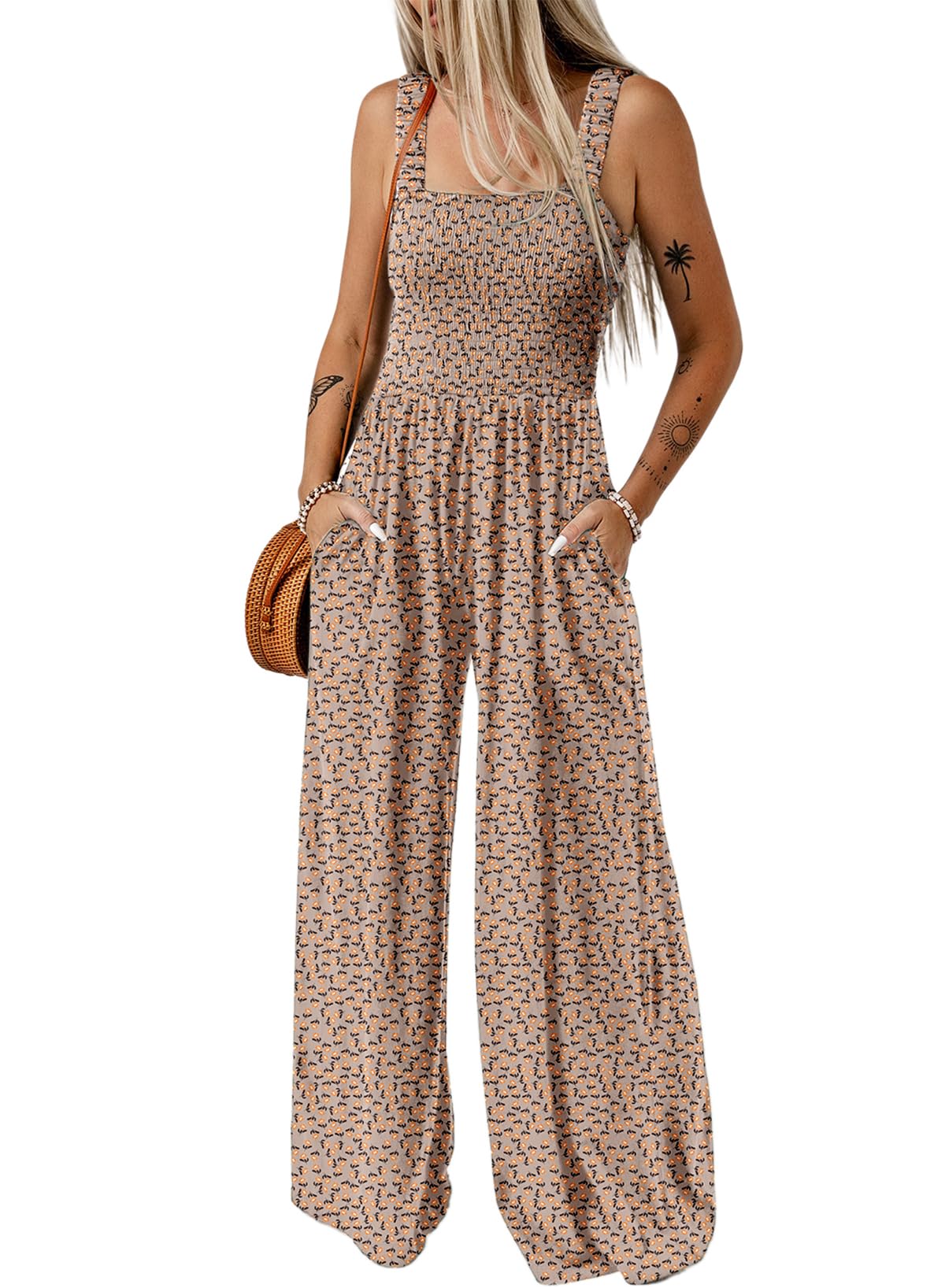 Dokotoo Women's Casual Loose Overalls Jumpsuits One Piece Sleeveless Printed Wide Leg Long Pant Rompers With Pockets