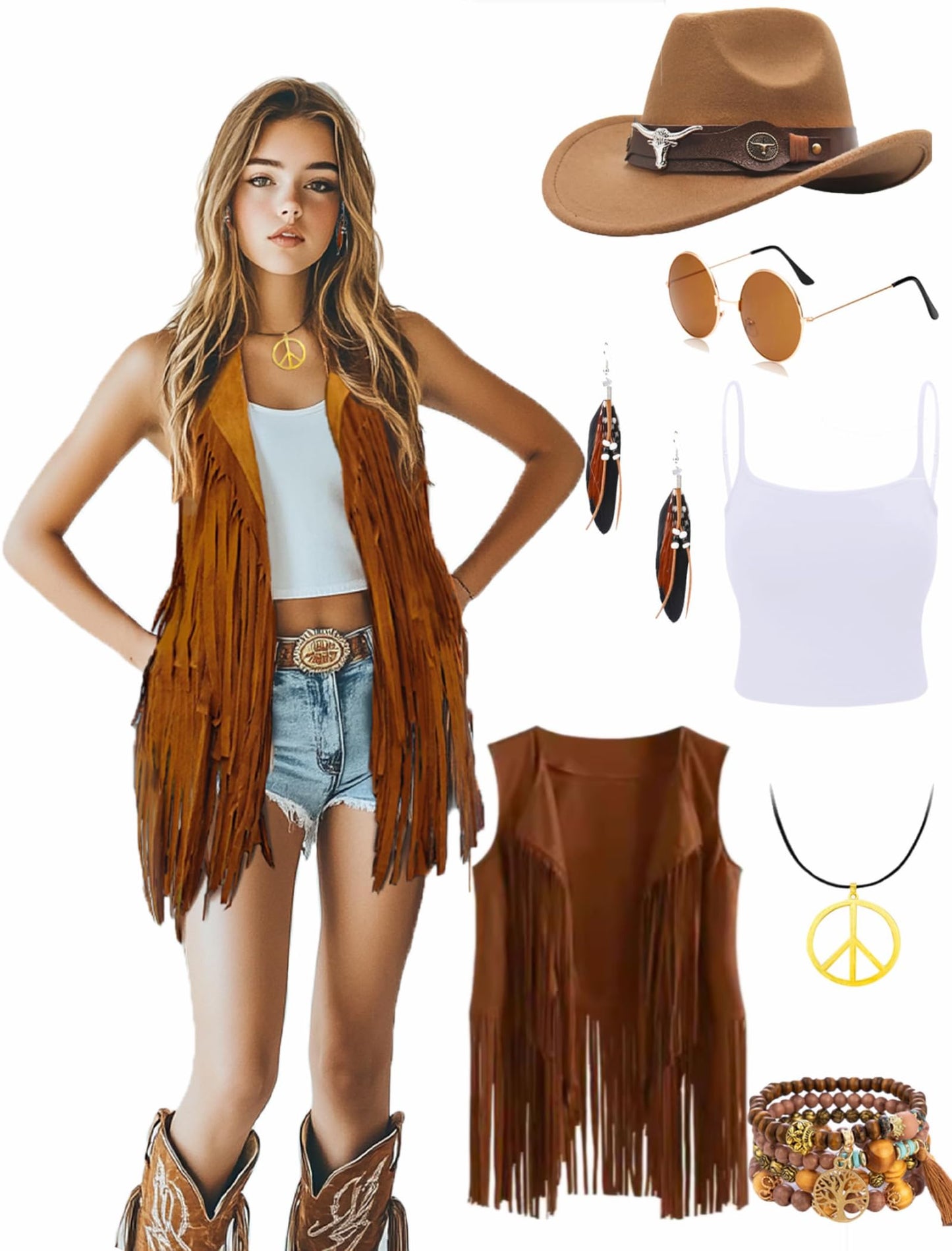 6 PC Cowgirl Western Outfits for Women Retro Cowgirl Costumes Fringe Vest Cow Girl Hat for Women Country 70s Hippie Outits