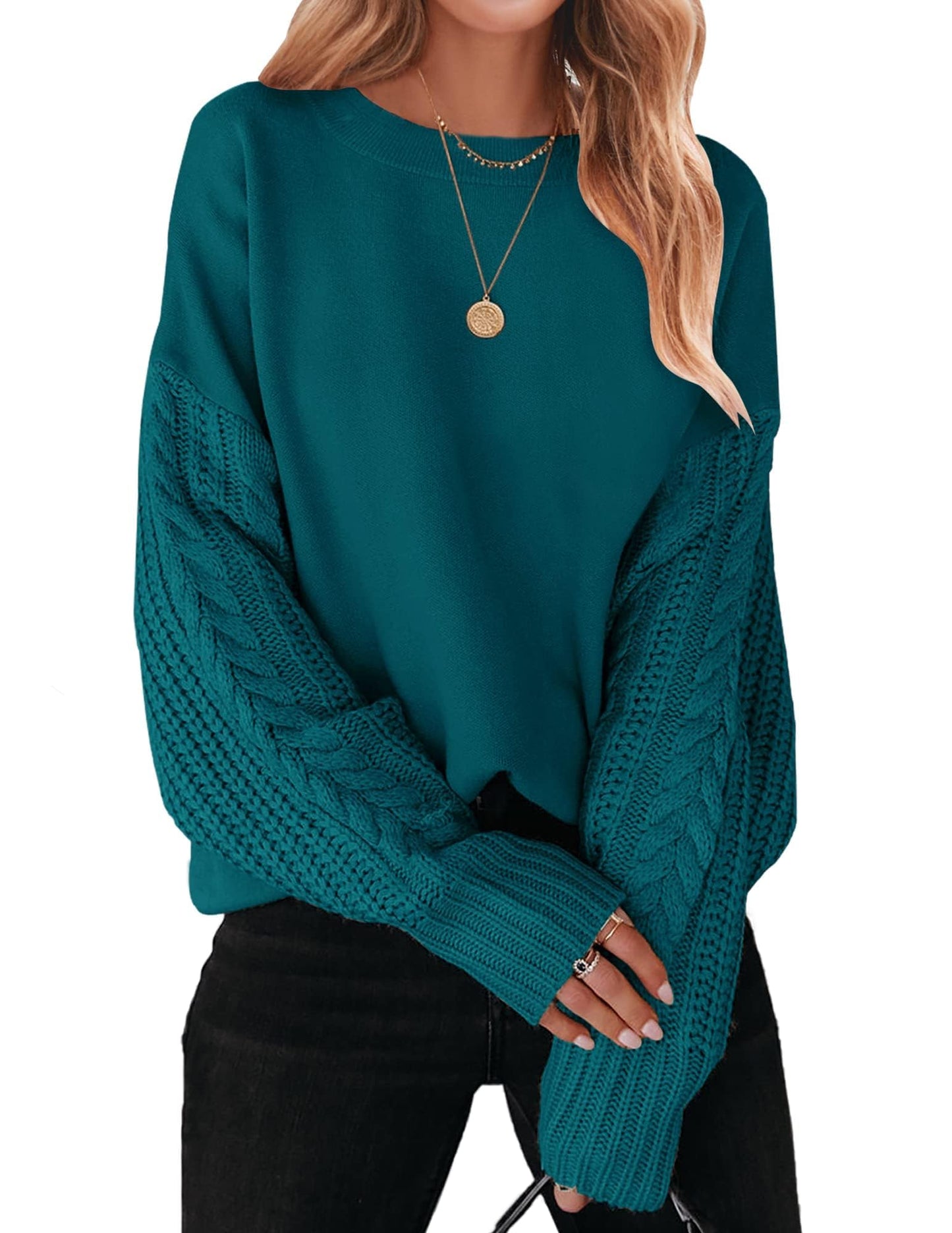 ZESICA Women's Fall Long Sleeve Crew Neck Solid Color Cable Knit Chunky Casual Oversized Pullover Sweater Tops