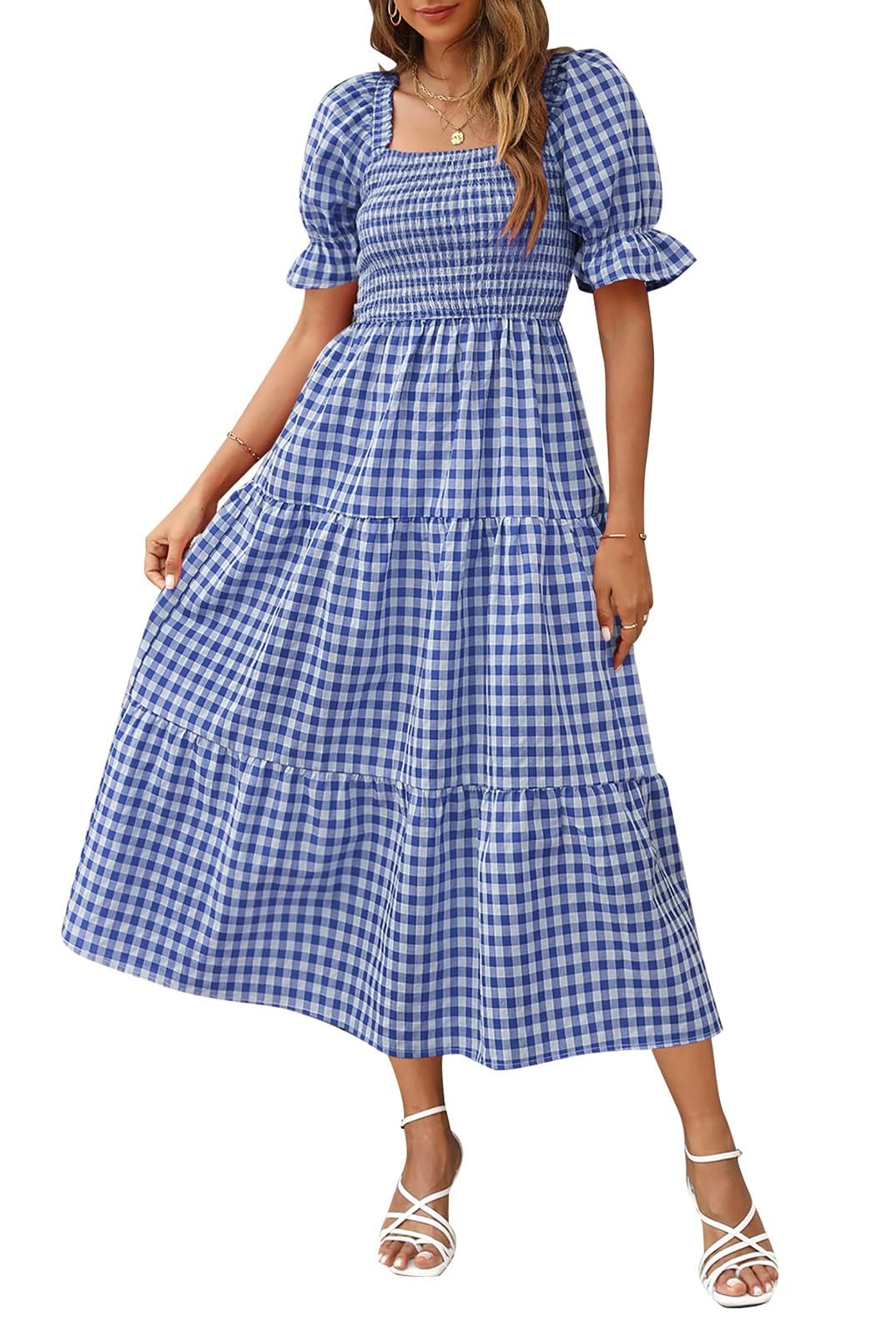 ZESICA Women's 2025 Bohemian Summer Plaid Square Neck Puff Sleeve Ruffle Flowy Beach Midi Dress