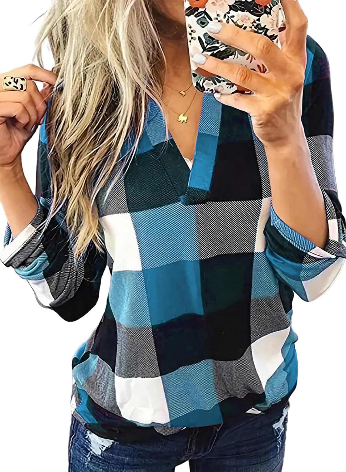 Dokotoo Womens Basic Casual V Neck Plaid Print Cuffed Long Sleeve Work Tops Blouses Shirts S-3XL