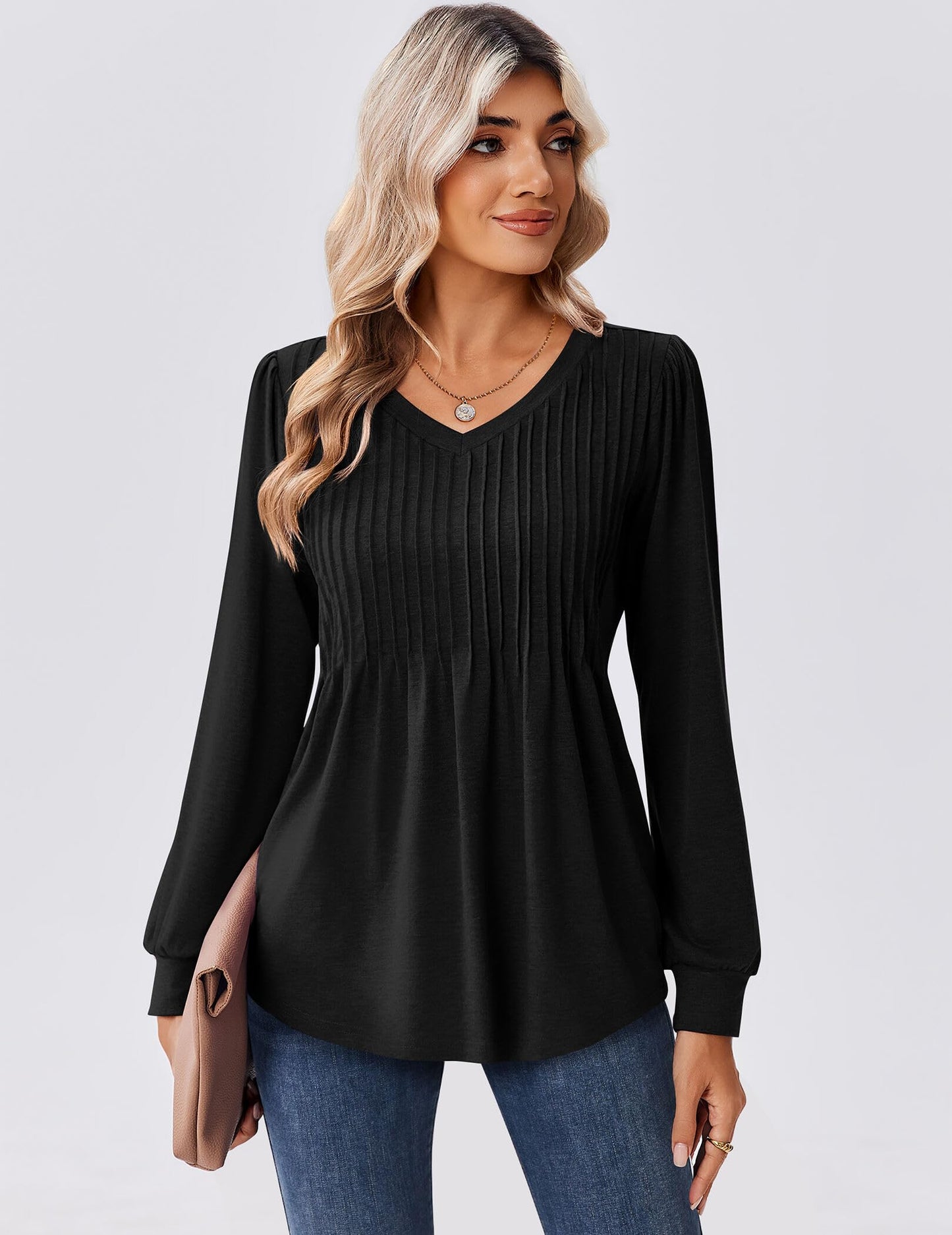 Zeagoo Long Sleeve Shirts for Women Casual V Neck Top Pleated Floral Boho Blouses 2025 Fall Tunics