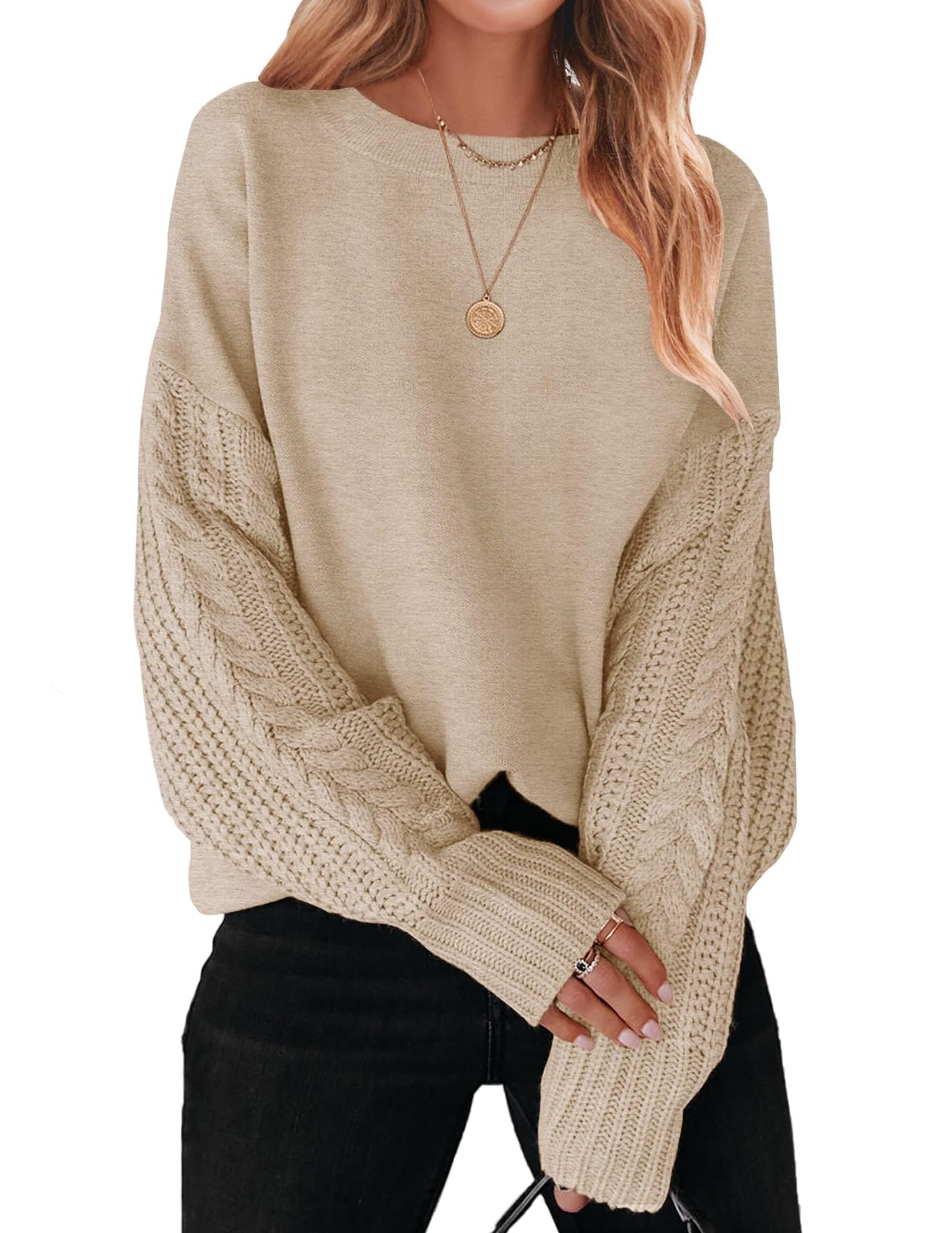 ZESICA Women's Fall Long Sleeve Crew Neck Solid Color Cable Knit Chunky Casual Oversized Pullover Sweater Tops