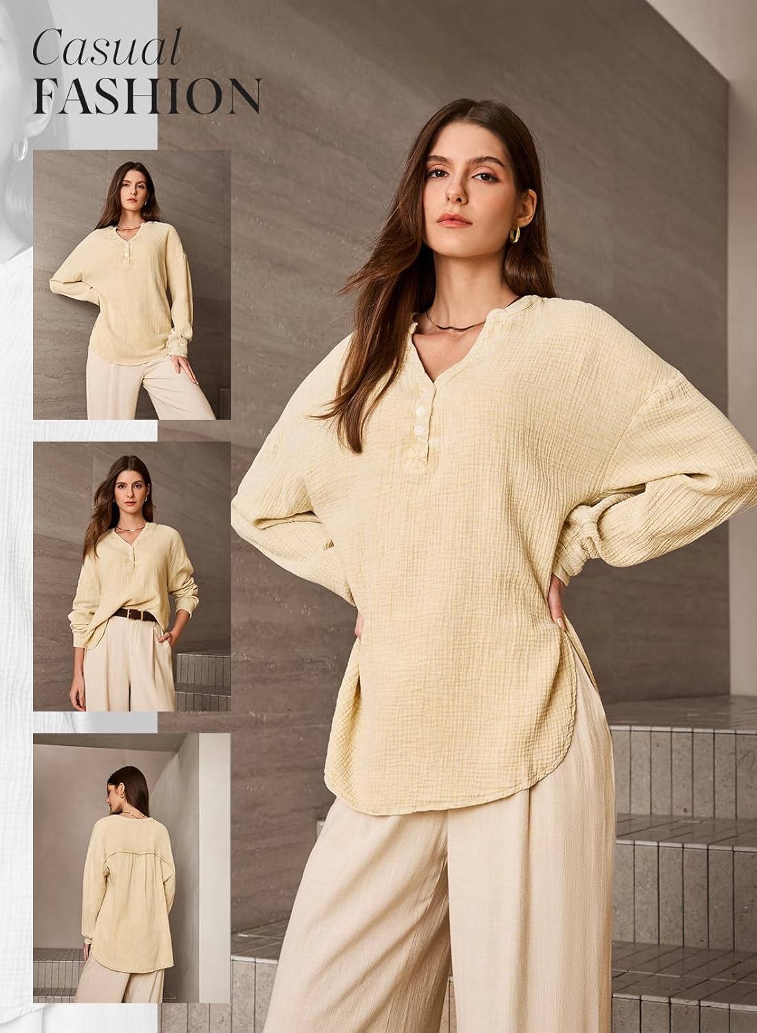 Dokotoo Womens Casual Button V Neck Long Sleeve Shirts Oversized Solid Blouses Tops