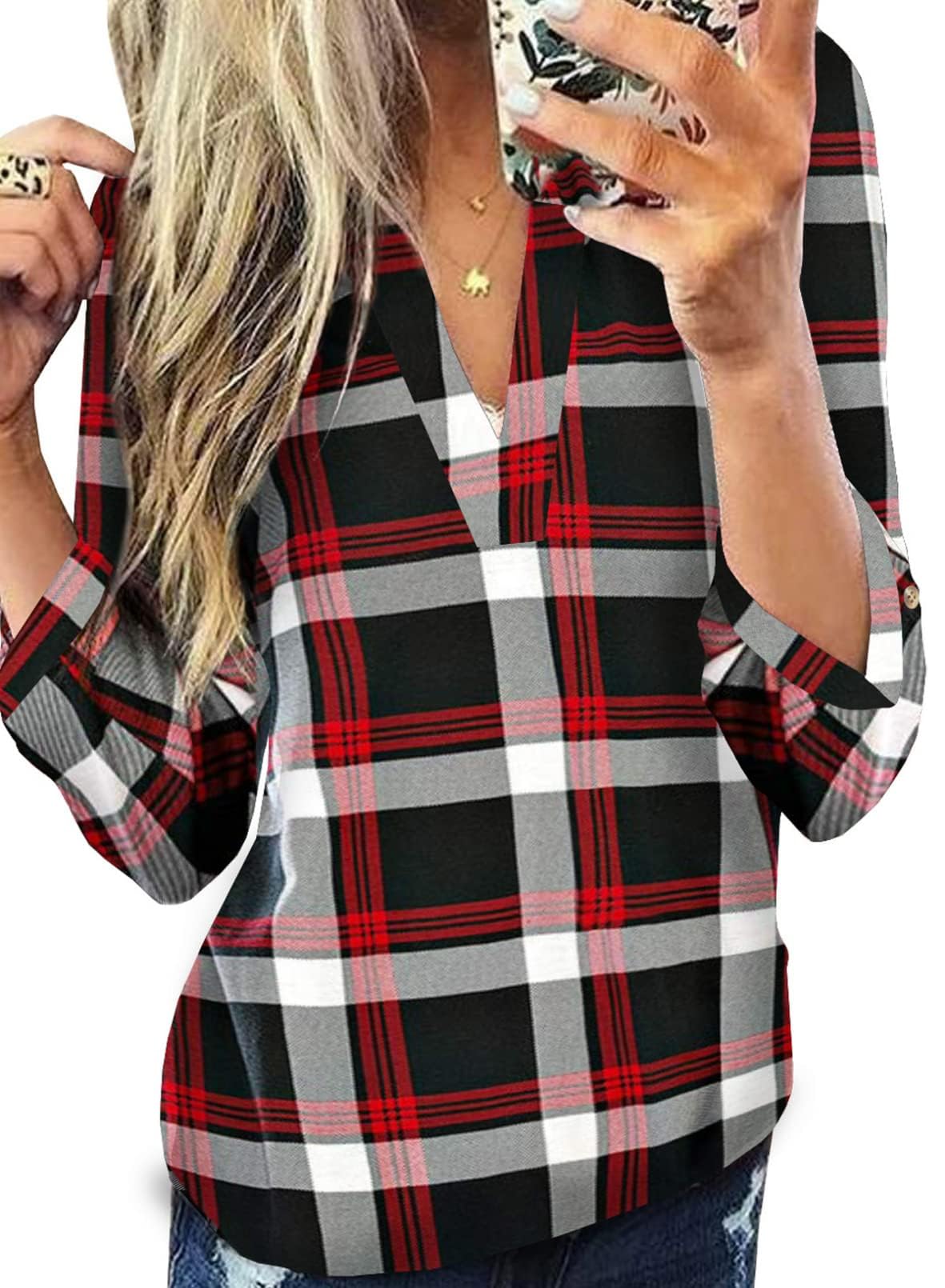 Dokotoo Womens Basic Casual V Neck Plaid Print Cuffed Long Sleeve Work Tops Blouses Shirts S-3XL