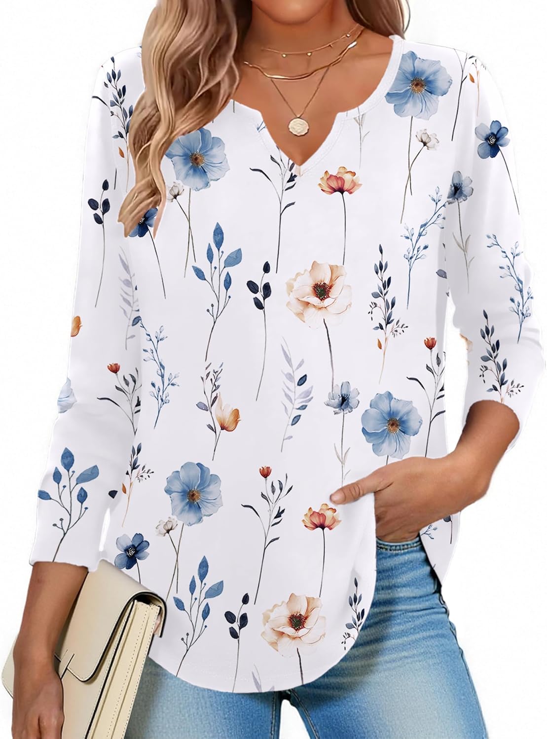 Zeagoo Boho Tops for Women Long Sleeve V Neck Fall Shirt Casual Dressy Blouse Tunic Business Work Clothes School Outfits