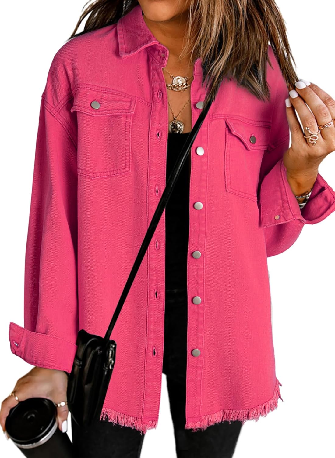 Dokotoo Women's Oversized Denim Jacket Casual Long Sleeve Denim Shirts Distresse Jean Jacket Fall Outfits 2025