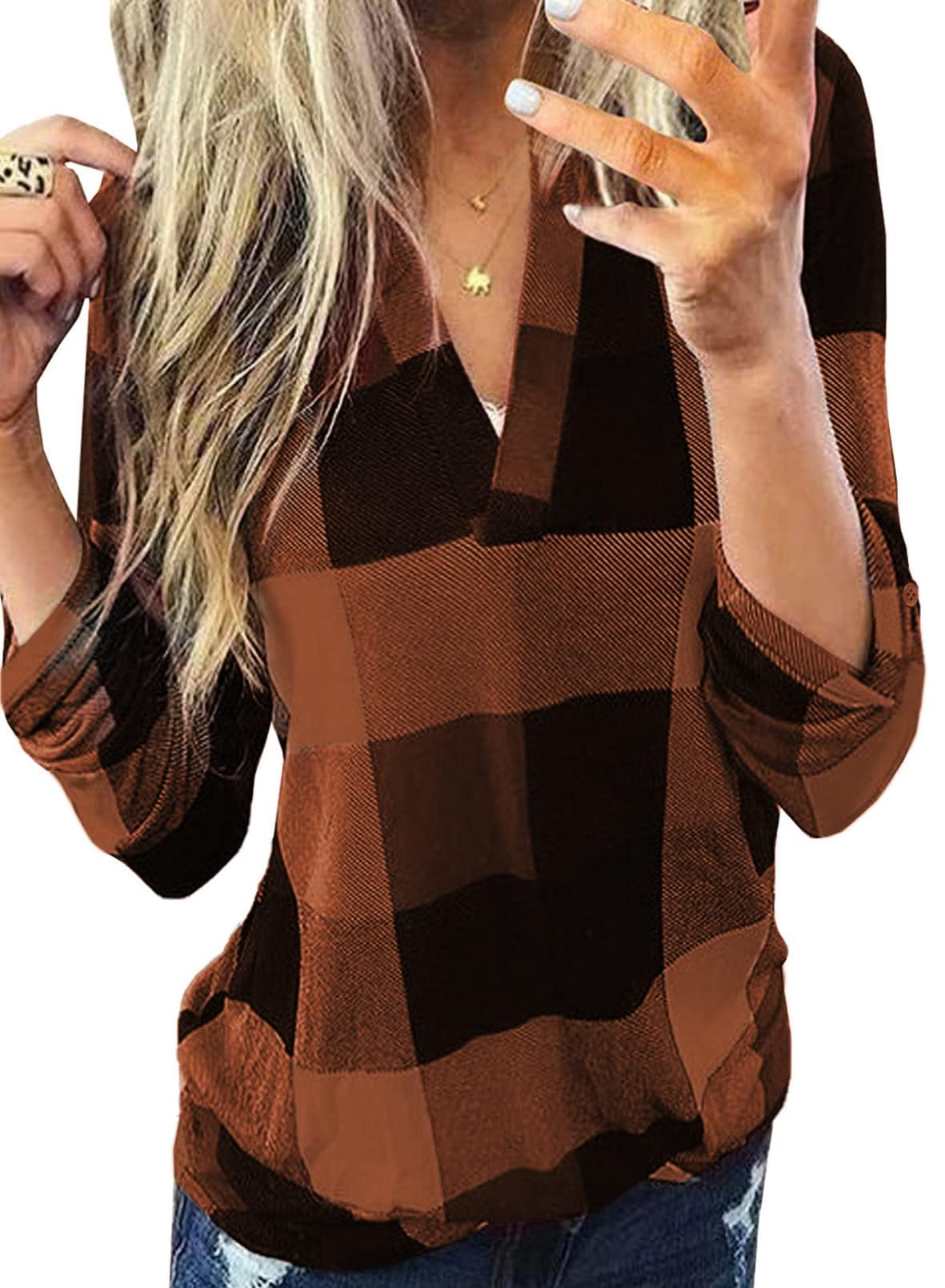 Dokotoo Womens Basic Casual V Neck Plaid Print Cuffed Long Sleeve Work Tops Blouses Shirts S-3XL