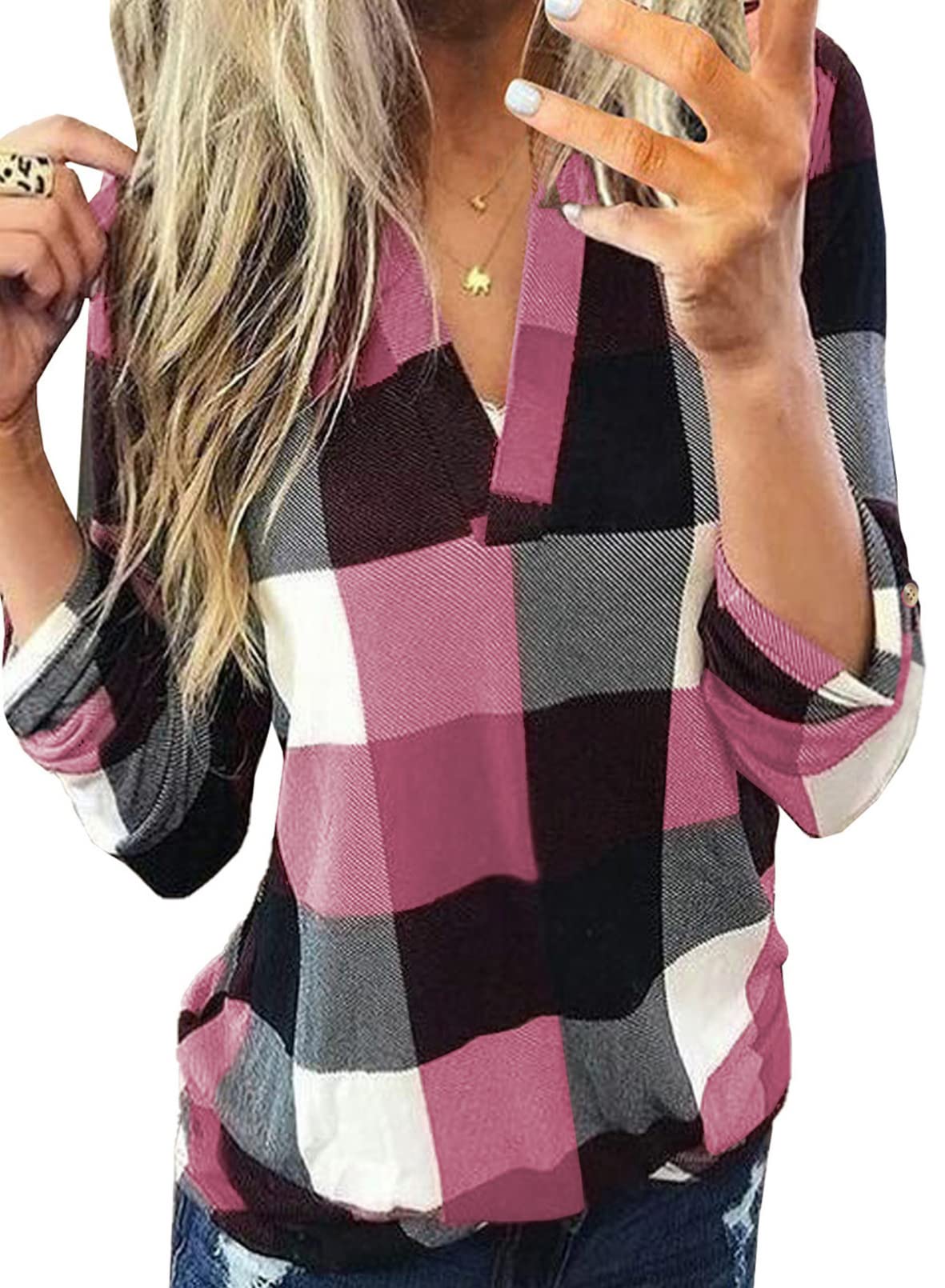 Dokotoo Womens Basic Casual V Neck Plaid Print Cuffed Long Sleeve Work Tops Blouses Shirts S-3XL