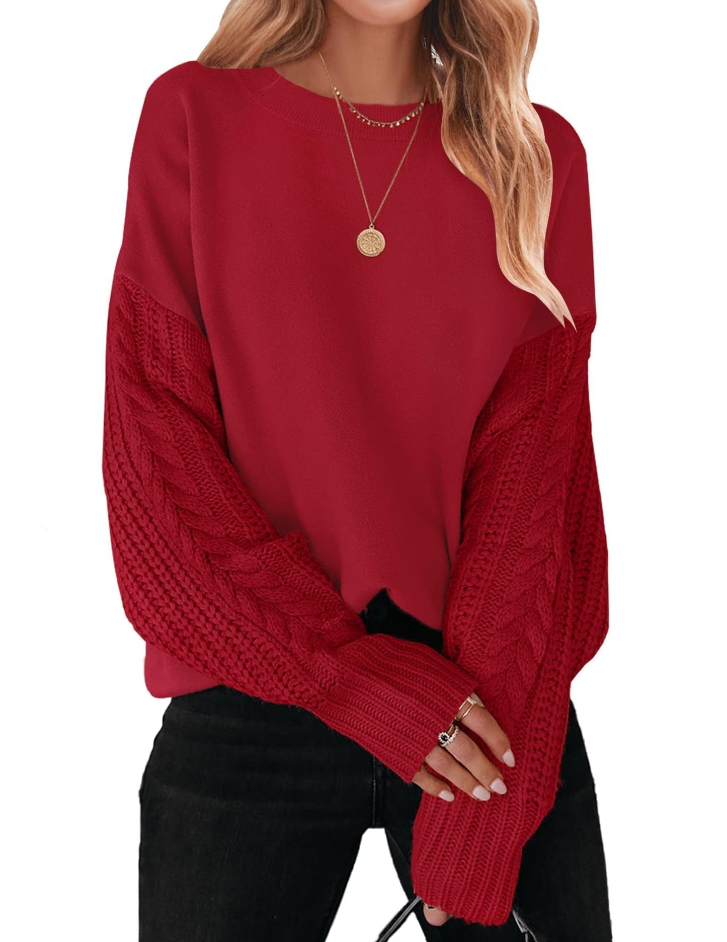 ZESICA Women's Fall Long Sleeve Crew Neck Solid Color Cable Knit Chunky Casual Oversized Pullover Sweater Tops