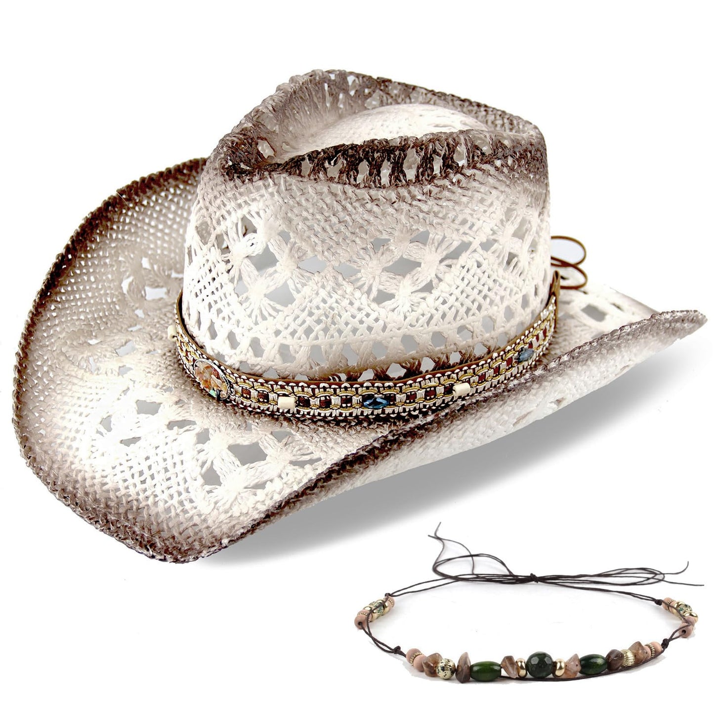 Men's Women's Straw Cowboy Hat Cowgirl Woven Sun Hat Western Cowboy Hat Two Decorative Bands