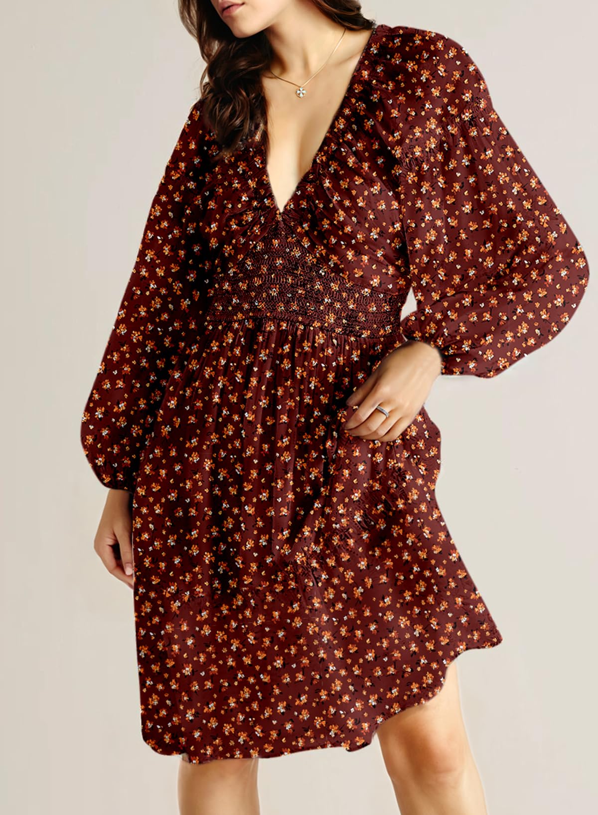 Dokotoo Fall Dresses for Women 2025 Boho Floral V Neck Long Sleeve Smocked Elastic Waist Casual A-Line Mini Dress Sundress