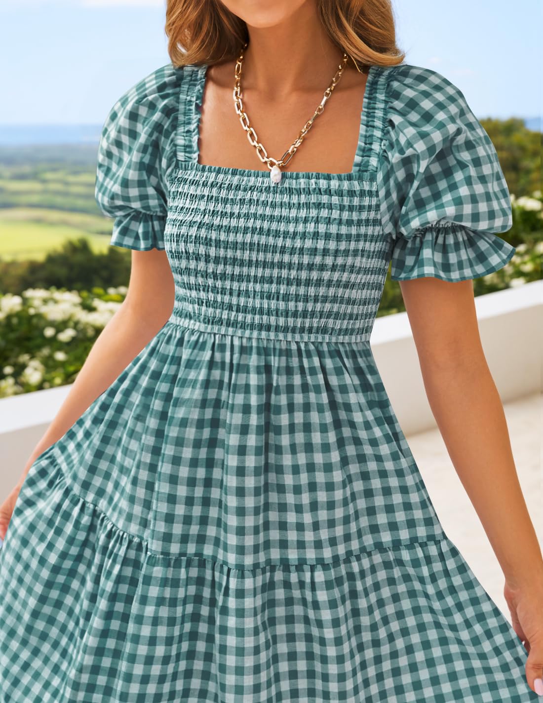 ZESICA Women's 2025 Bohemian Summer Plaid Square Neck Puff Sleeve Ruffle Flowy Beach Midi Dress