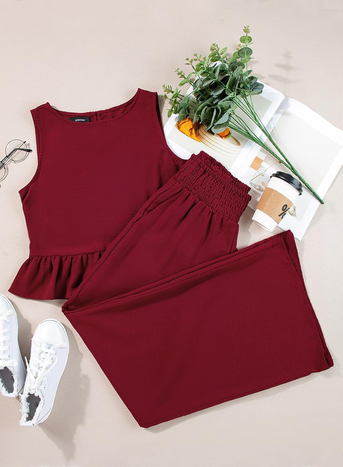 Dokotoo Pants Sets Women 2 Piece Outfits Sleeveless Round Neck Tank Tops Matching Sets for Women Elastic Waist Wide Leg