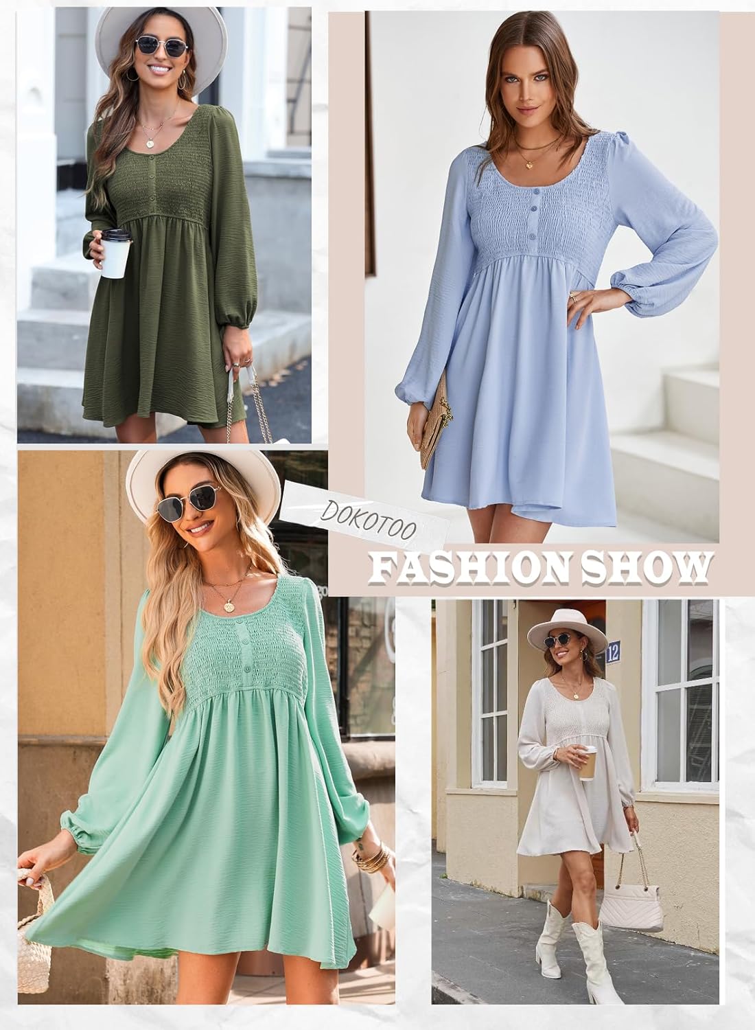 Dokotoo Womens 2025 Casual Dresses Smocked Crewneck Button Up Long Sleeve Empire Waist A-Line Mini Dress
