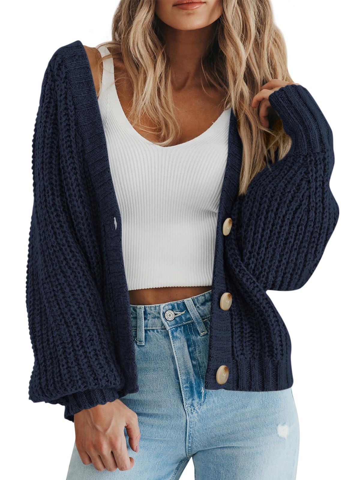 PRETTYGARDEN Women's Chunky Knit Open Front Sweater Long Sleeve Button Loose Short Cardigan Outerwear Coats