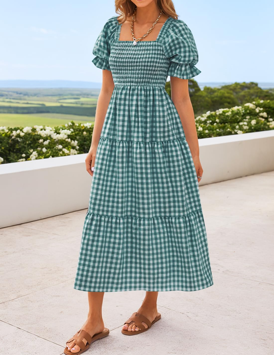 ZESICA Women's 2025 Bohemian Summer Plaid Square Neck Puff Sleeve Ruffle Flowy Beach Midi Dress