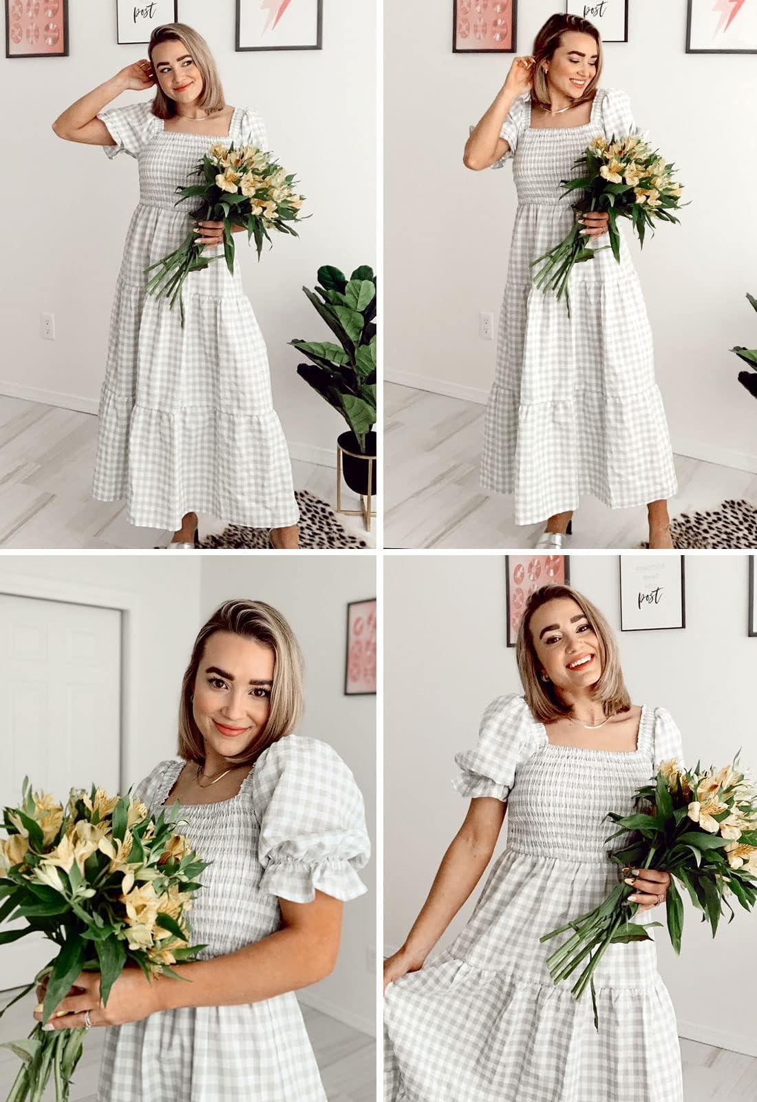 ZESICA Women's 2025 Bohemian Summer Plaid Square Neck Puff Sleeve Ruffle Flowy Beach Midi Dress