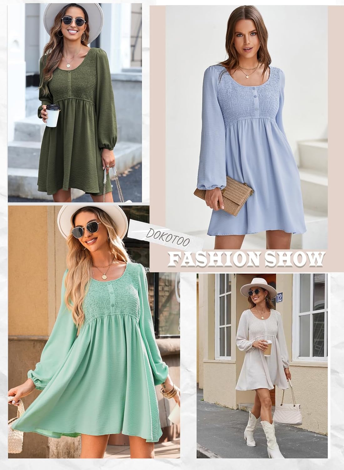 Dokotoo Womens 2025 Casual Dresses Smocked Crewneck Button Up Long Sleeve Empire Waist A-Line Mini Dress