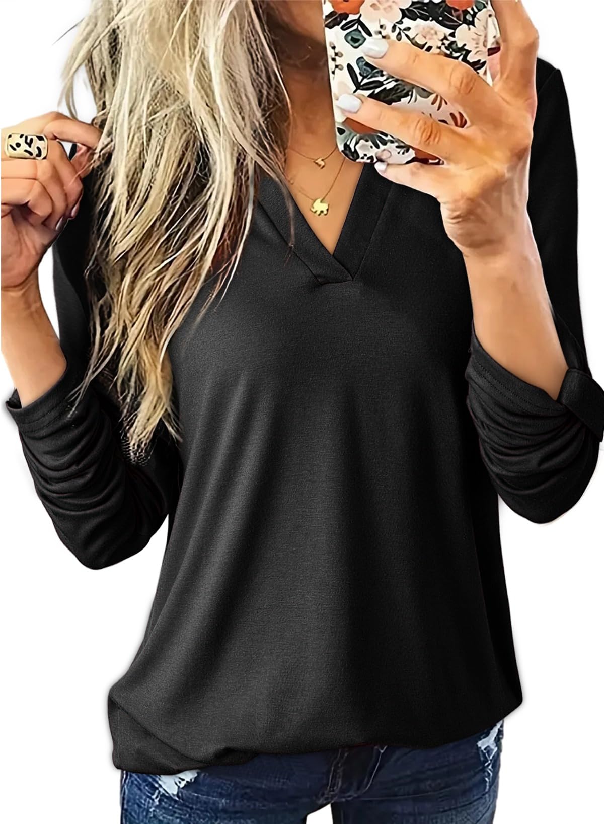 Dokotoo Womens Basic Casual V Neck Plaid Print Cuffed Long Sleeve Work Tops Blouses Shirts S-3XL