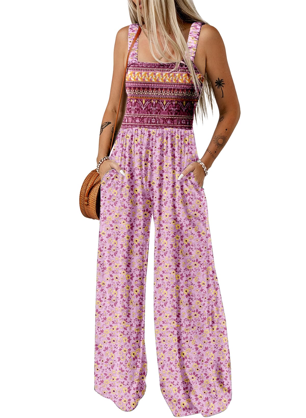 Dokotoo Women's Casual Loose Overalls Jumpsuits One Piece Sleeveless Printed Wide Leg Long Pant Rompers With Pockets