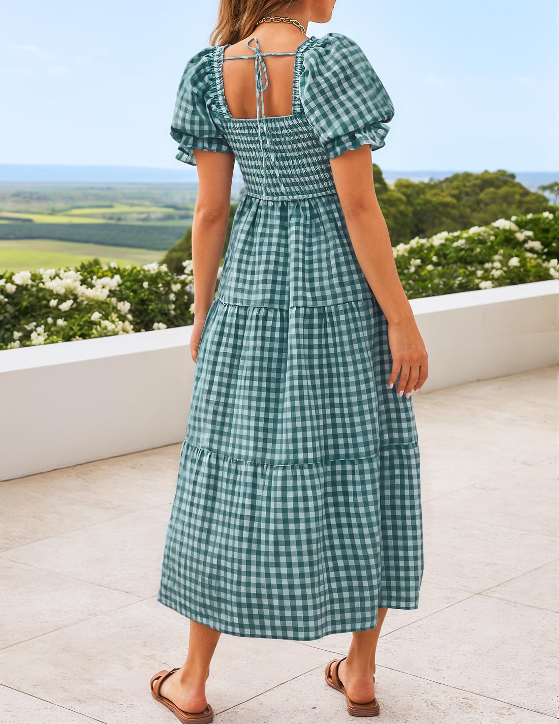 ZESICA Women's 2025 Bohemian Summer Plaid Square Neck Puff Sleeve Ruffle Flowy Beach Midi Dress
