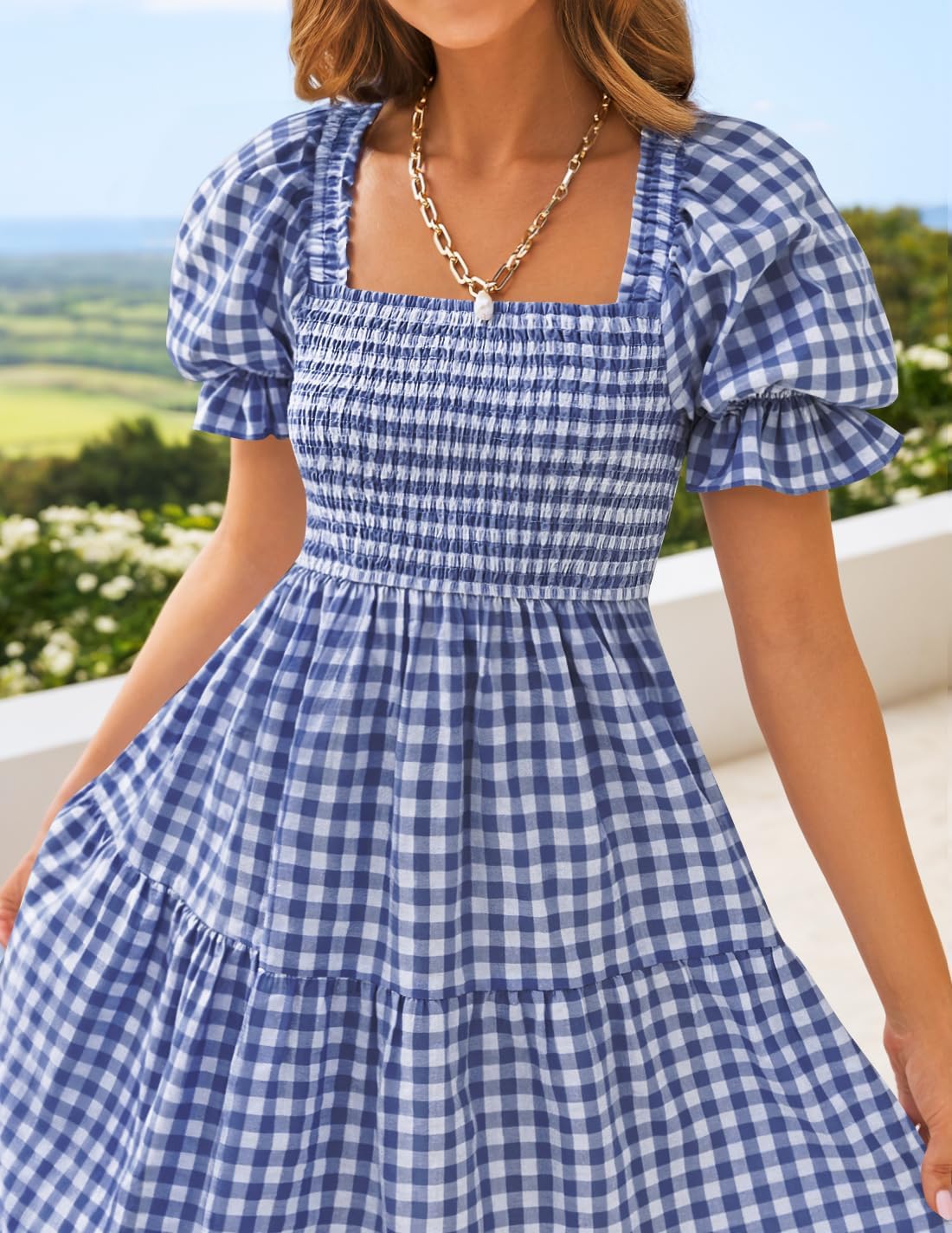 ZESICA Women's 2025 Bohemian Summer Plaid Square Neck Puff Sleeve Ruffle Flowy Beach Midi Dress