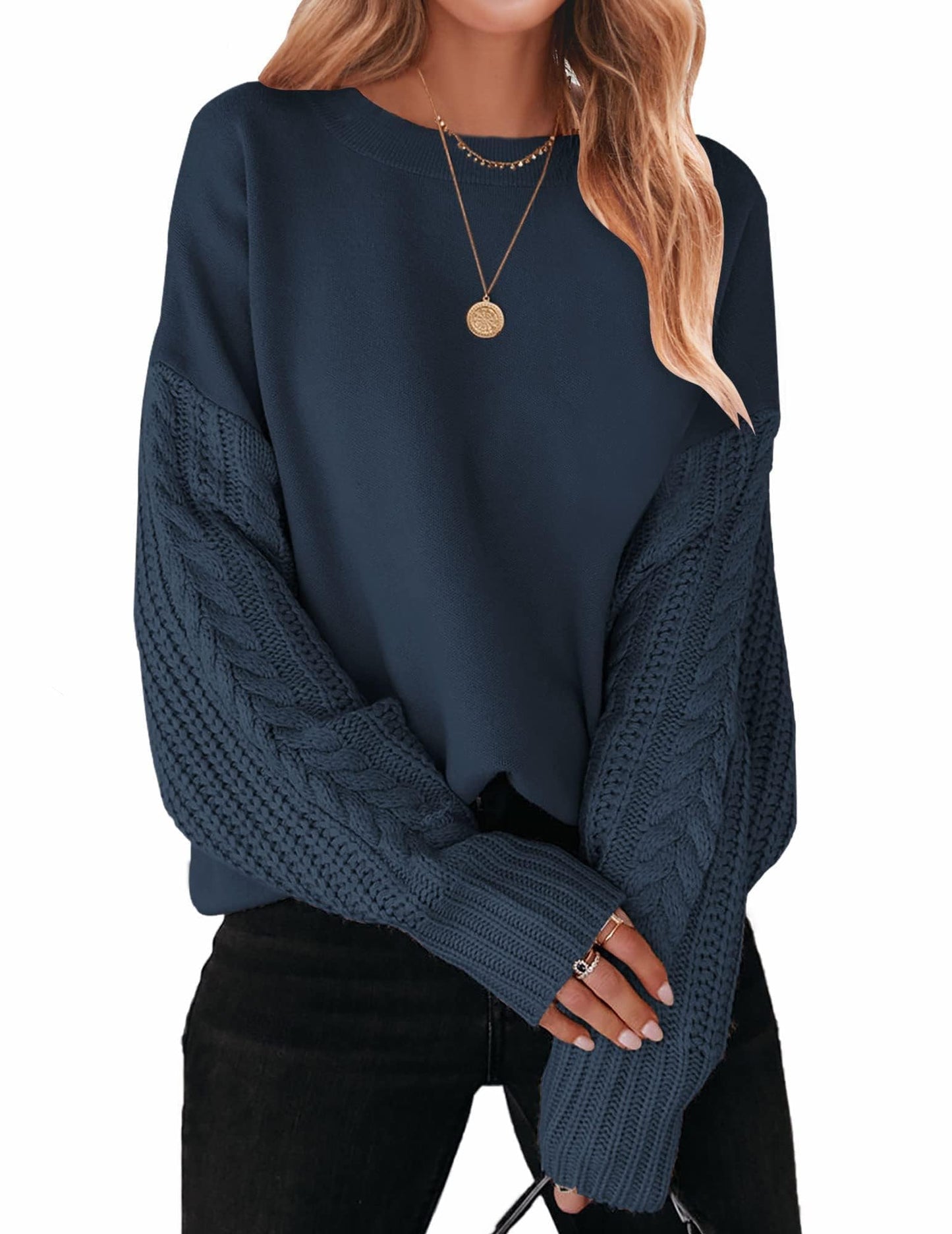 ZESICA Women's Fall Long Sleeve Crew Neck Solid Color Cable Knit Chunky Casual Oversized Pullover Sweater Tops