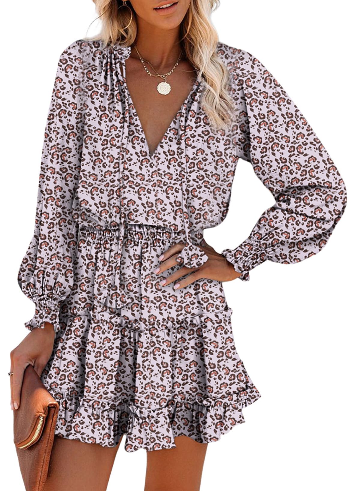 Dokotoo Fall Dresses for Women 2025 Boho Floral Drawstring V Neck Smocked Long Sleeve Ruffle Tiered Chiffon Mini Dress
