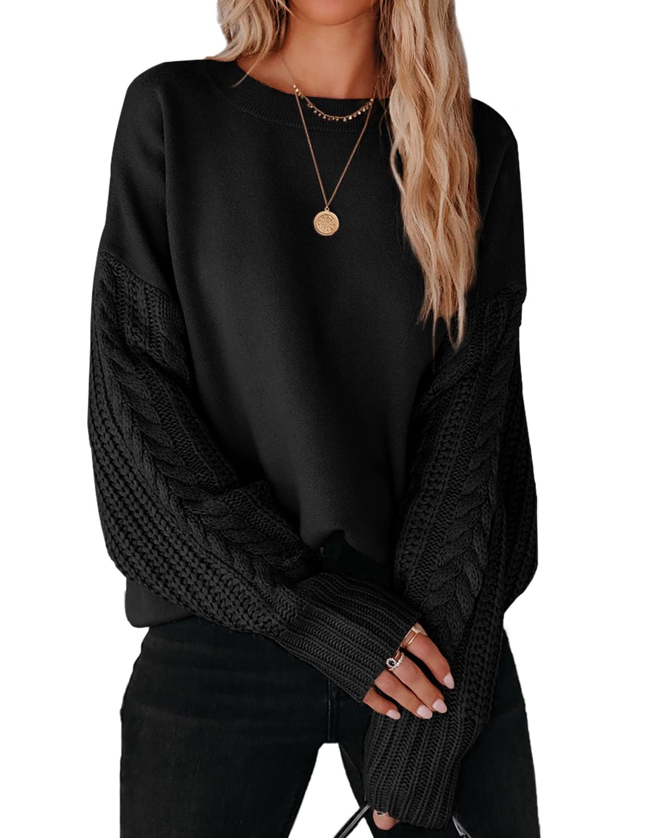 ZESICA Women's Fall Long Sleeve Crew Neck Solid Color Cable Knit Chunky Casual Oversized Pullover Sweater Tops