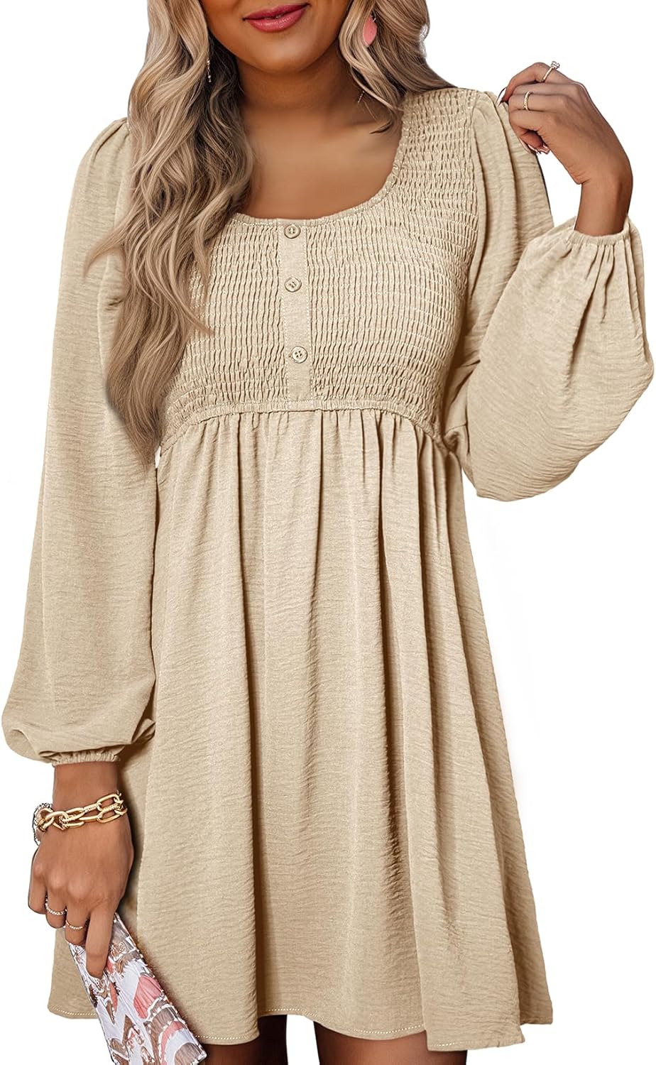 Dokotoo Womens 2025 Casual Dresses Smocked Crewneck Button Up Long Sleeve Empire Waist A-Line Mini Dress