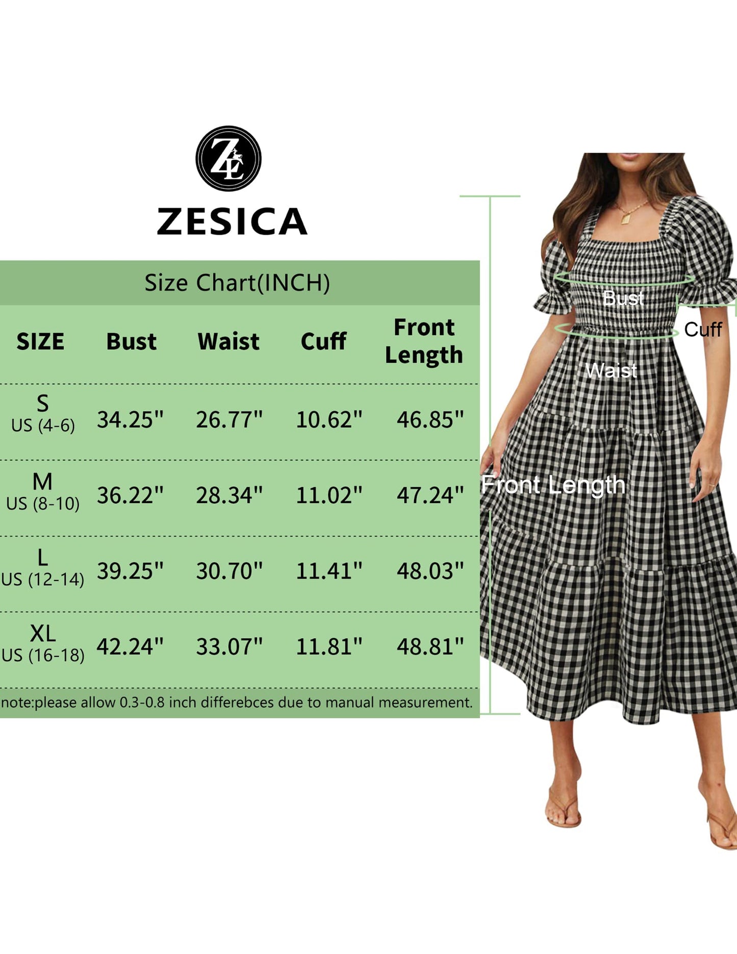 ZESICA Women's 2025 Bohemian Summer Plaid Square Neck Puff Sleeve Ruffle Flowy Beach Midi Dress