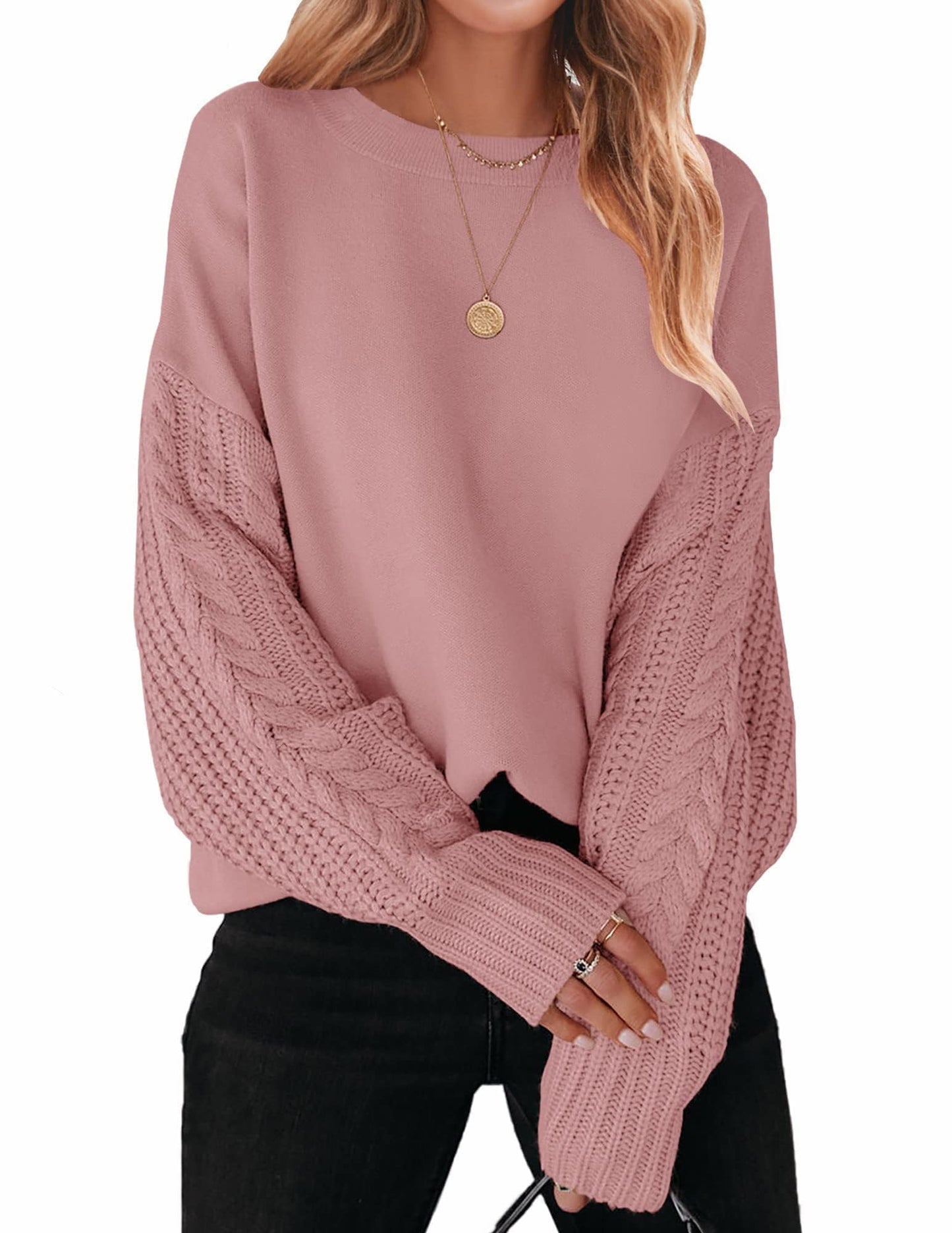 ZESICA Women's Fall Long Sleeve Crew Neck Solid Color Cable Knit Chunky Casual Oversized Pullover Sweater Tops