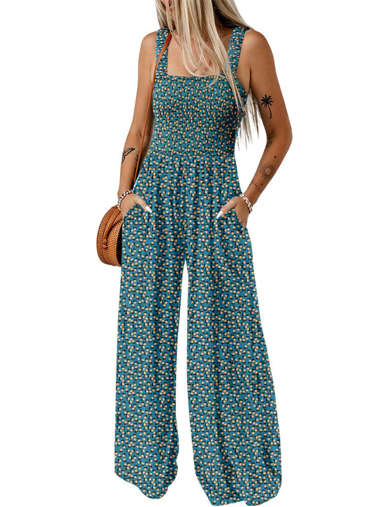 Dokotoo Women's Casual Loose Overalls Jumpsuits One Piece Sleeveless Printed Wide Leg Long Pant Rompers With Pockets
