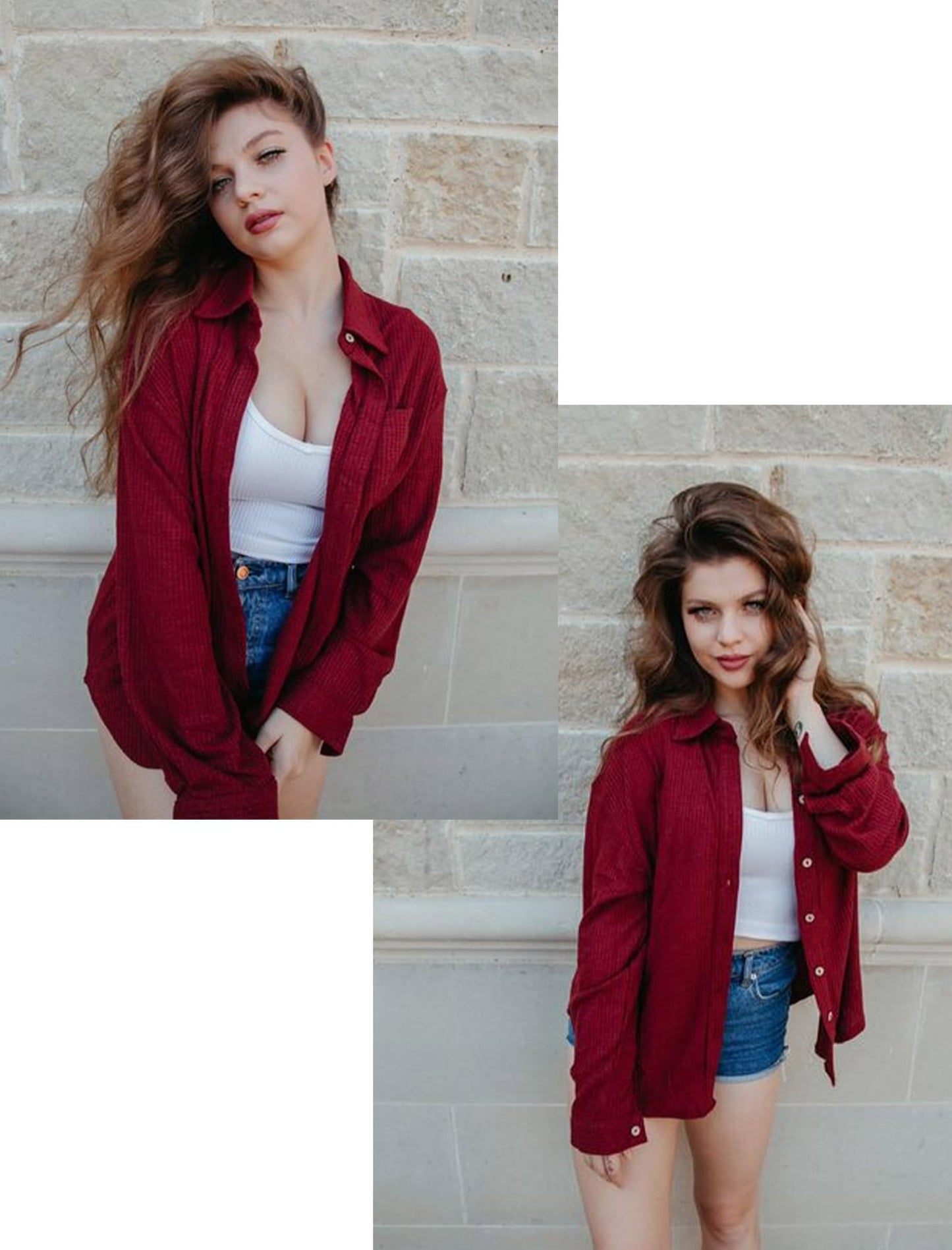 HOTOUCH Waffle Button Down Shirts for Women Dressy Casual Work Shacket V Neck Long Sleeve Lightweight Tops with Pocket