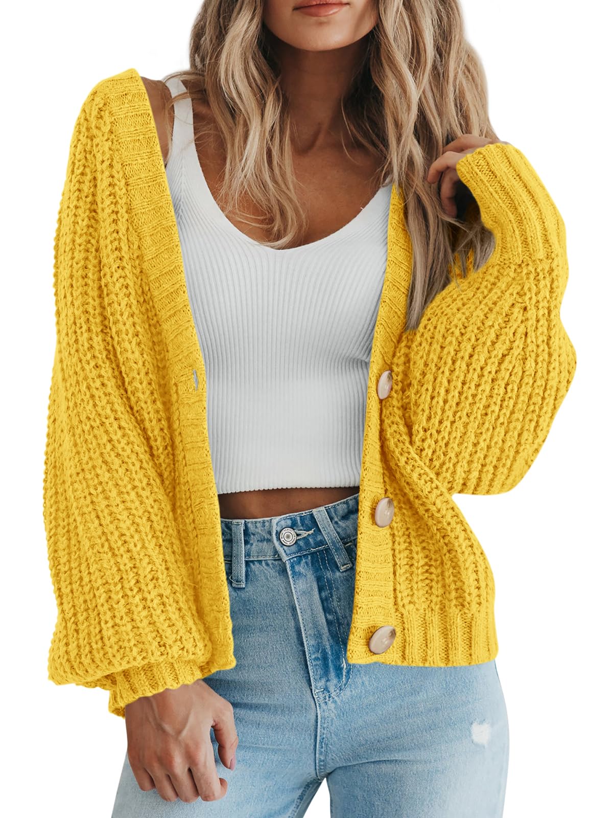 PRETTYGARDEN Women's Chunky Knit Open Front Sweater Long Sleeve Button Loose Short Cardigan Outerwear Coats