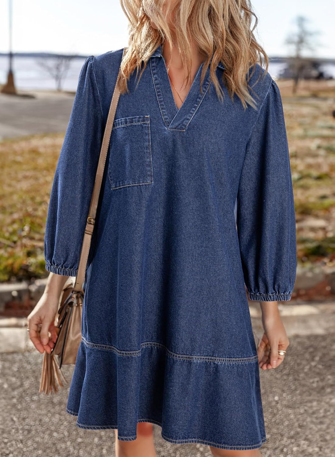 Dokotoo Denim Dress for Women Fashion Fall Casual Babydoll 2025 V Neck 3/4 Puff Sleeve Jean Dresses