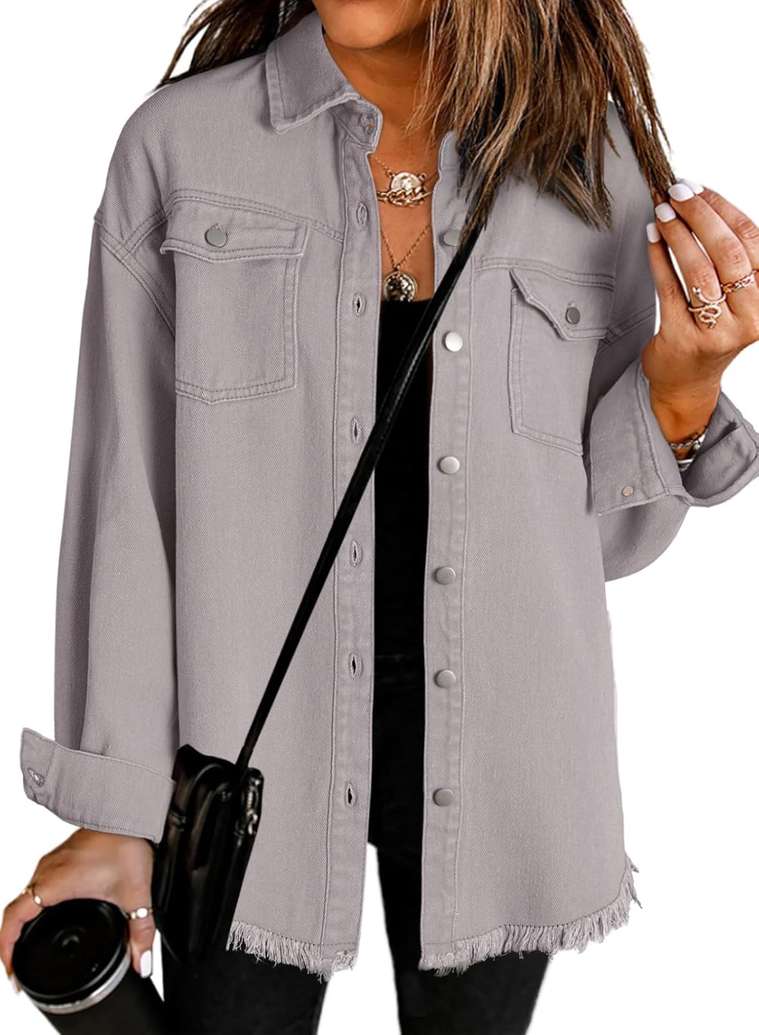 Dokotoo Women's Oversized Denim Jacket Casual Long Sleeve Denim Shirts Distresse Jean Jacket Fall Outfits 2025