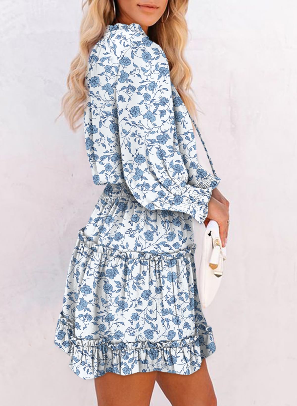 Dokotoo Fall Dresses for Women 2025 Boho Floral Drawstring V Neck Smocked Long Sleeve Ruffle Tiered Chiffon Mini Dress