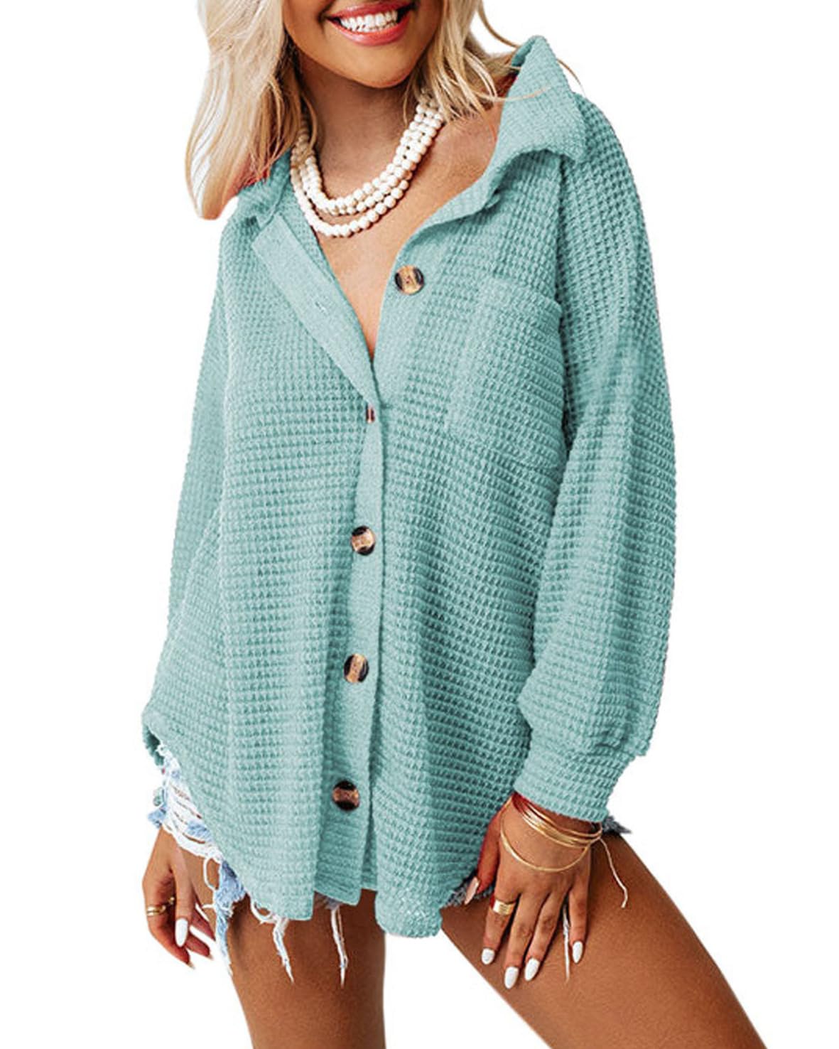 Dokotoo Womens Waffle Knit Shacket Jacket Casual Long Sleeve Button Down Shirts Dressy Blouses Tops
