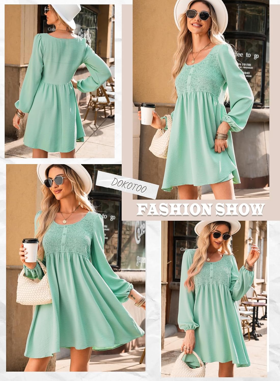 Dokotoo Womens 2025 Casual Dresses Smocked Crewneck Button Up Long Sleeve Empire Waist A-Line Mini Dress