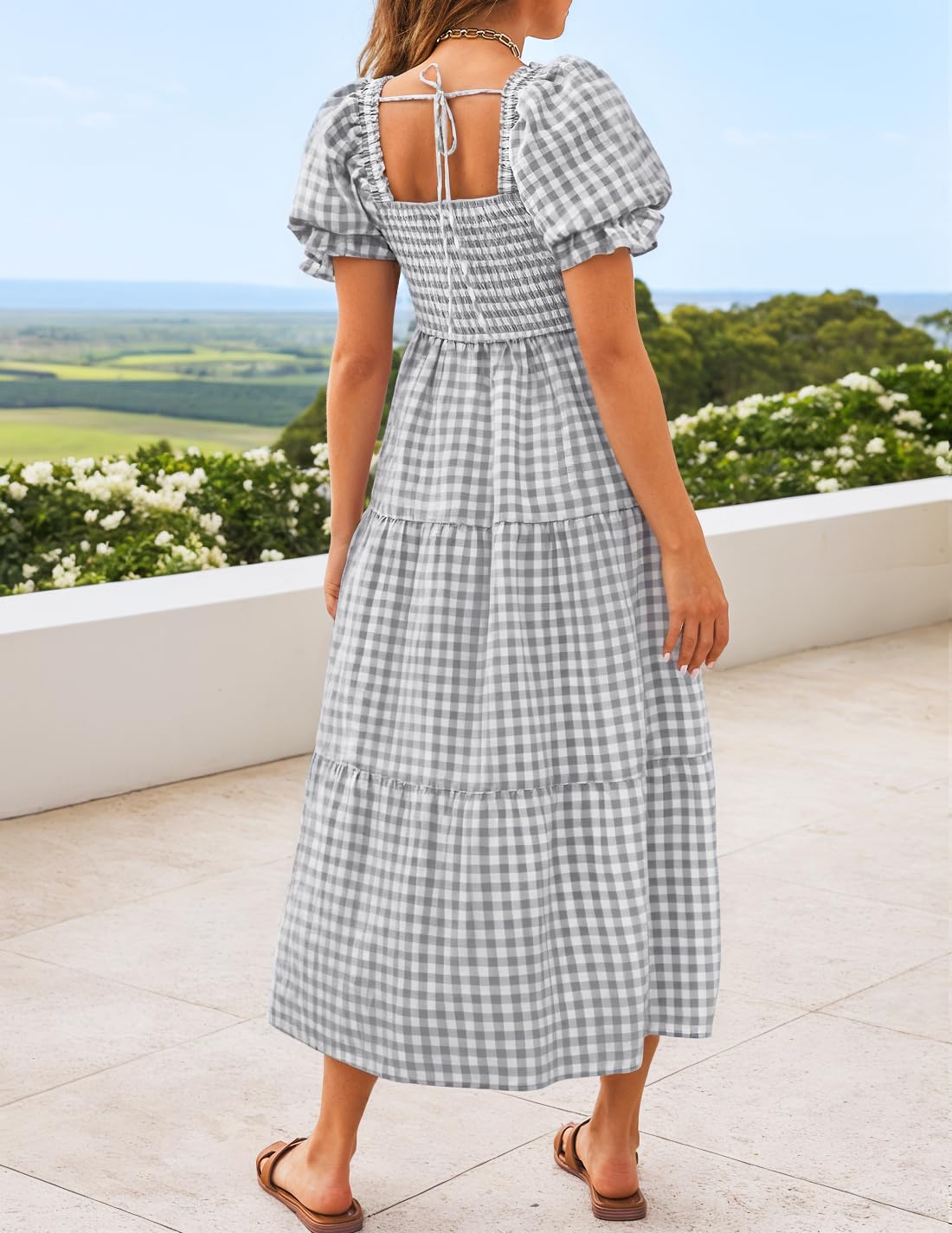 ZESICA Women's 2025 Bohemian Summer Plaid Square Neck Puff Sleeve Ruffle Flowy Beach Midi Dress