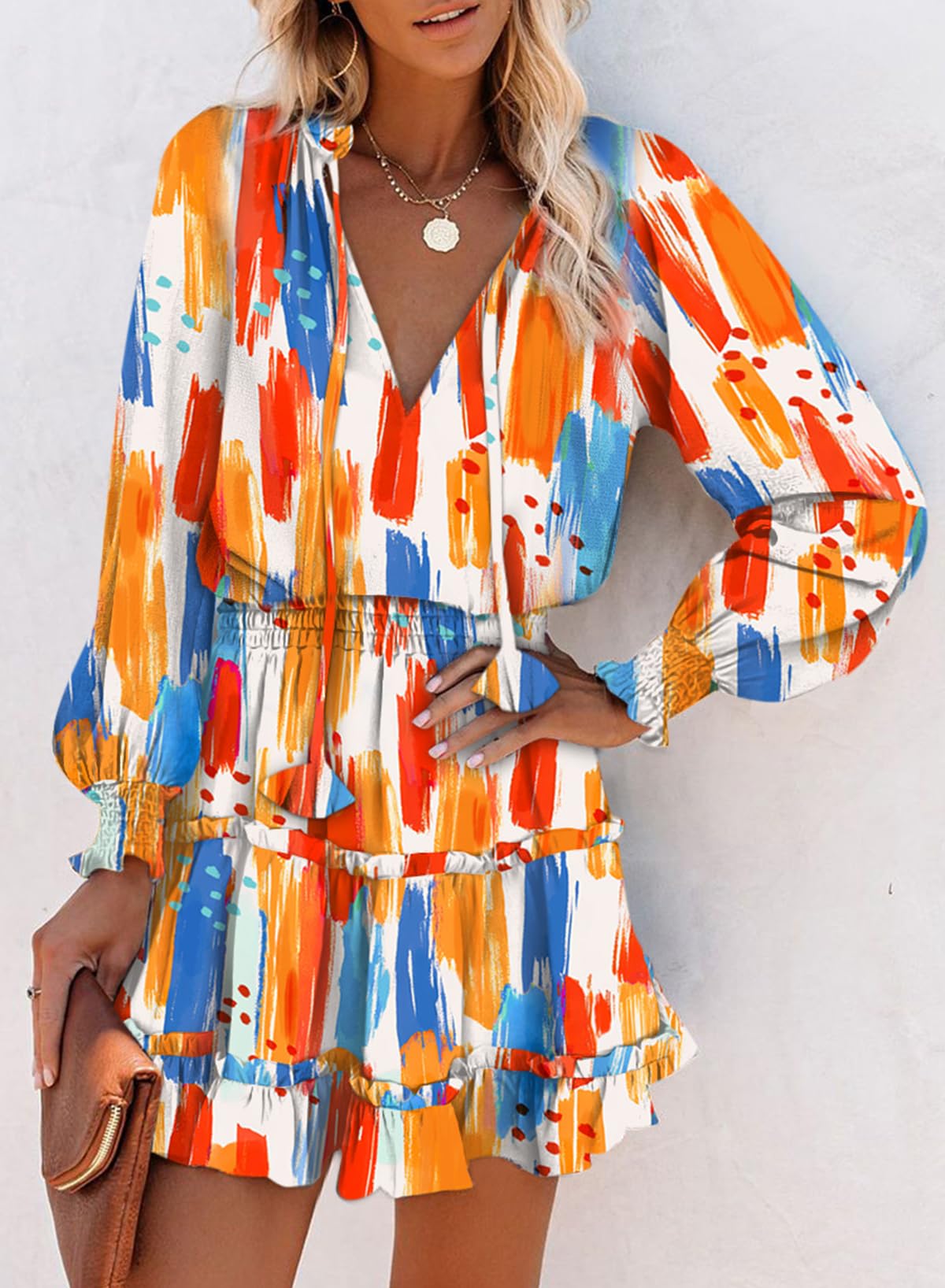 Dokotoo Fall Dresses for Women 2025 Boho Floral Drawstring V Neck Smocked Long Sleeve Ruffle Tiered Chiffon Mini Dress