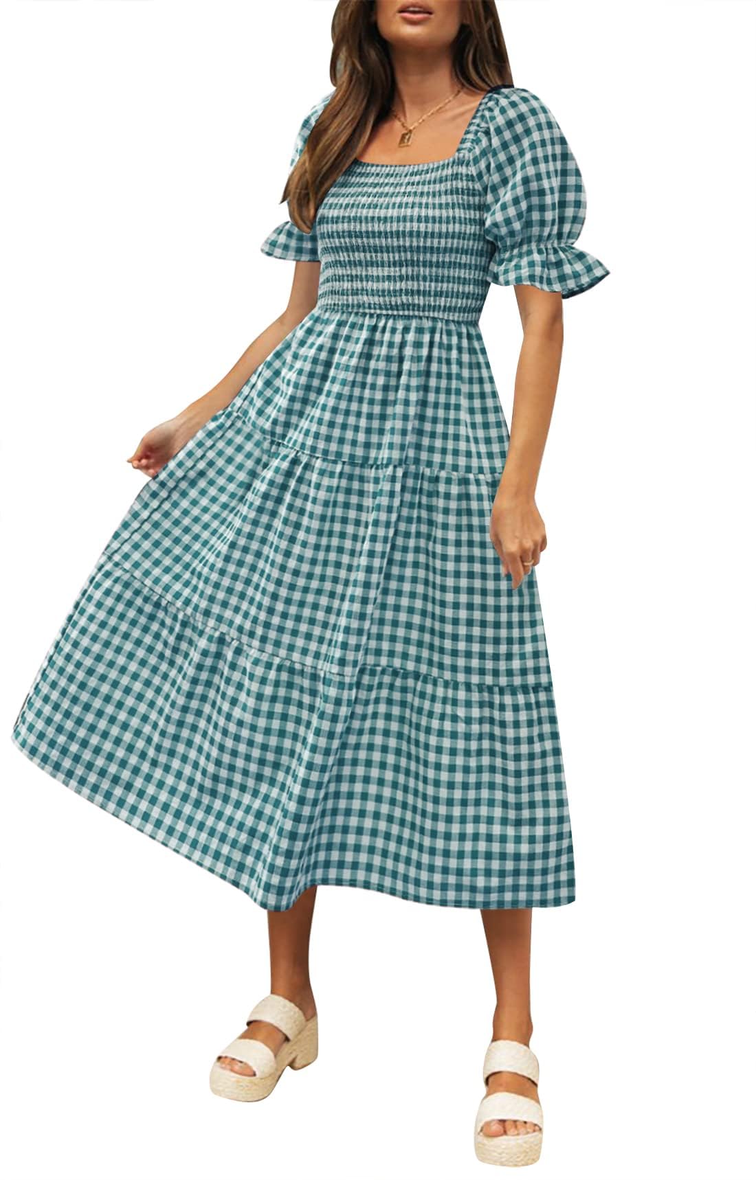 ZESICA Women's 2025 Bohemian Summer Plaid Square Neck Puff Sleeve Ruffle Flowy Beach Midi Dress