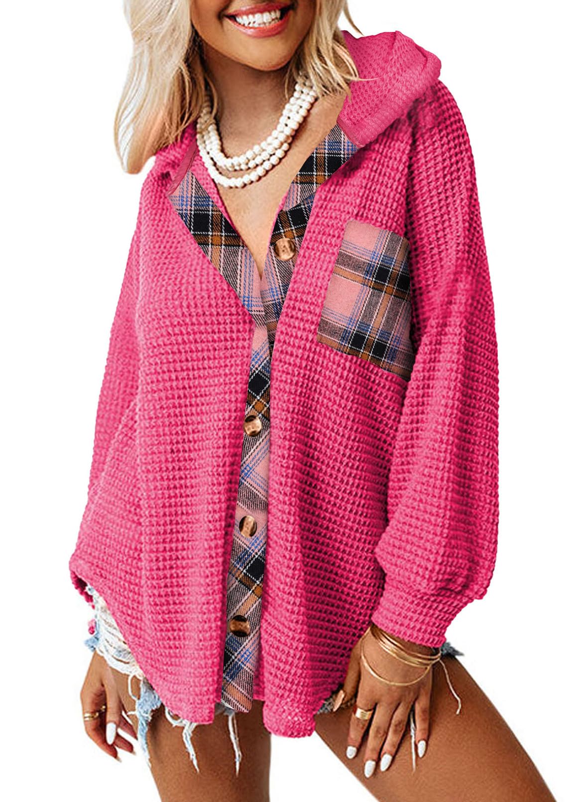 Dokotoo Womens Waffle Knit Shacket Jacket Casual Long Sleeve Button Down Shirts Dressy Blouses Tops