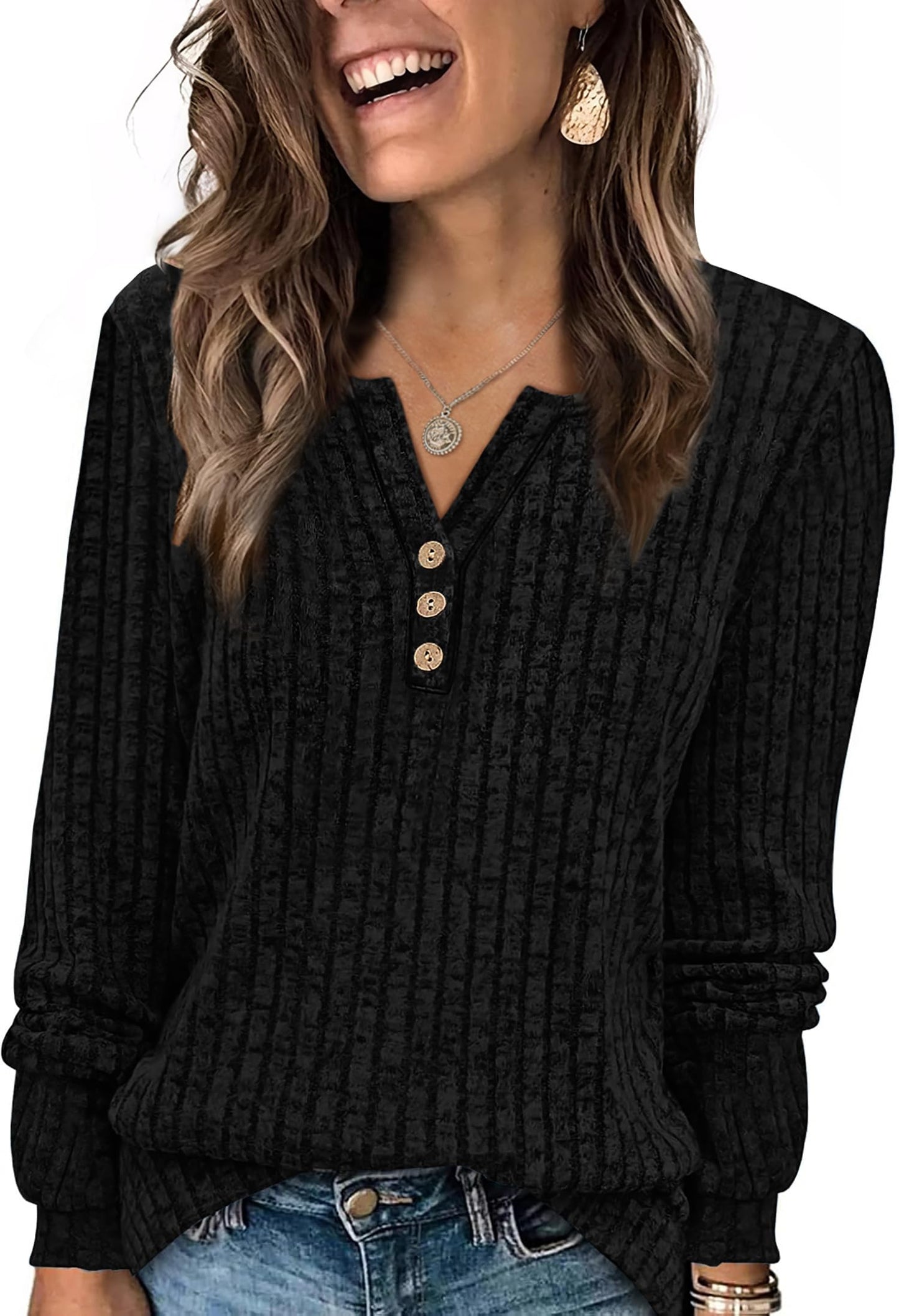 WIHOLL Sweaters for Women 2025 Long Sleeve Tops Fall Clothes Fashion Clothing V Neck Button Down Winter Thermal Shirts