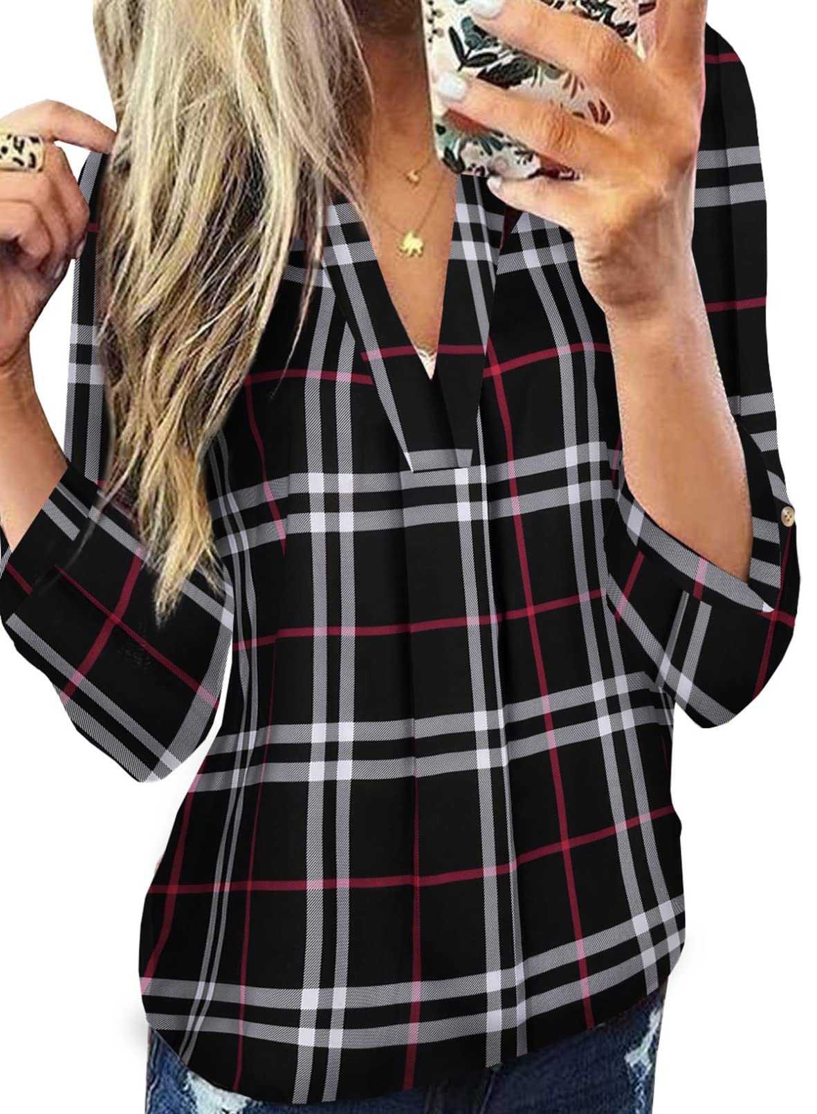 Dokotoo Womens Basic Casual V Neck Plaid Print Cuffed Long Sleeve Work Tops Blouses Shirts S-3XL