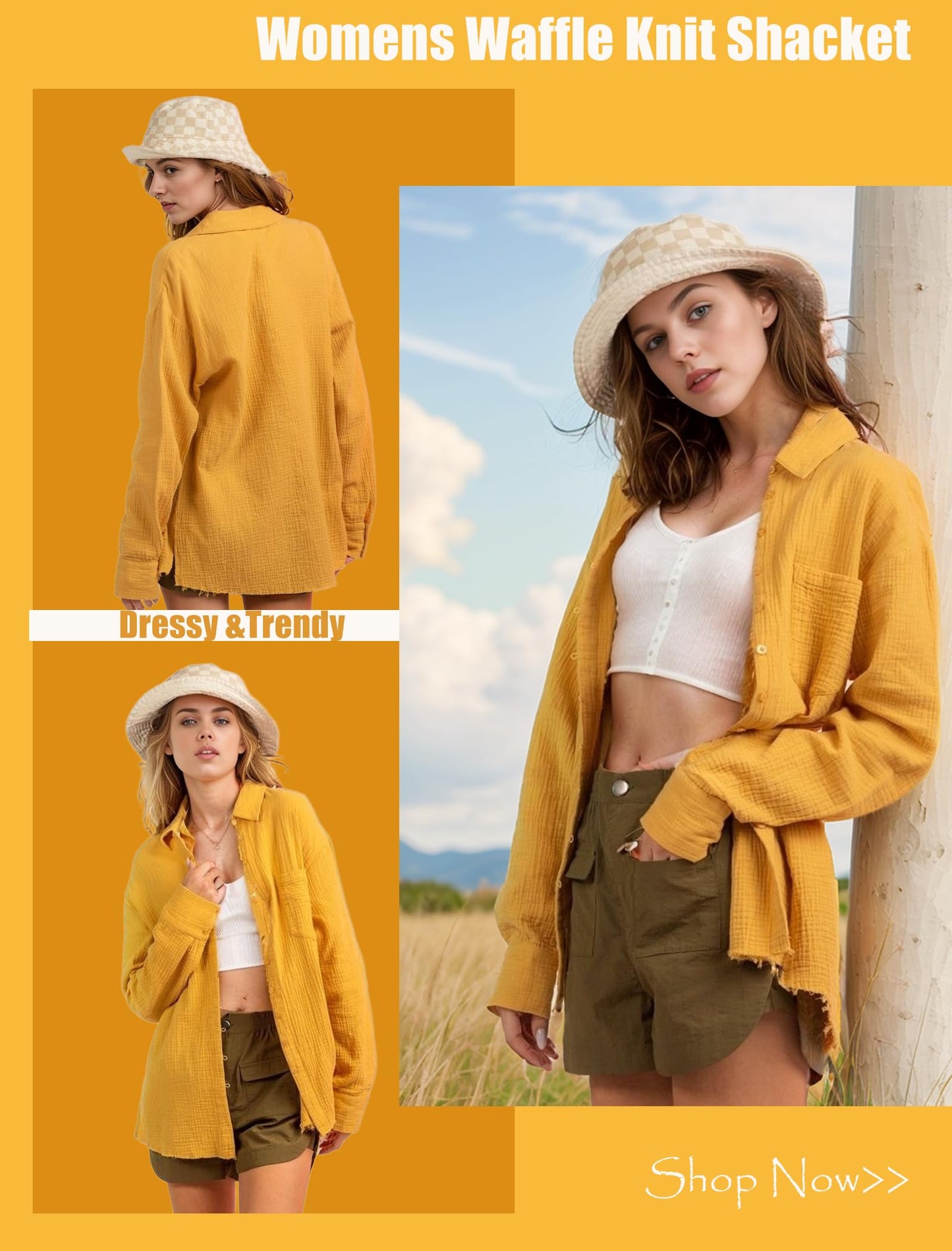 HOTOUCH Waffle Button Down Shirts for Women Dressy Casual Work Shacket V Neck Long Sleeve Lightweight Tops with Pocket