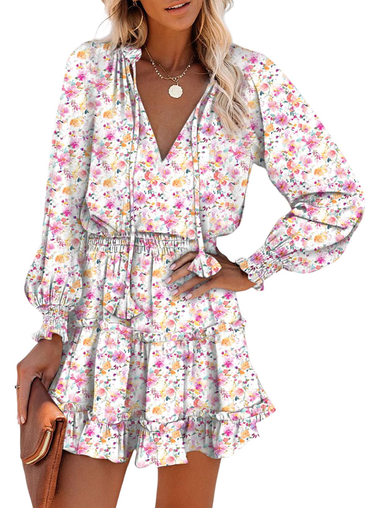 Dokotoo Fall Dresses for Women 2025 Boho Floral Drawstring V Neck Smocked Long Sleeve Ruffle Tiered Chiffon Mini Dress
